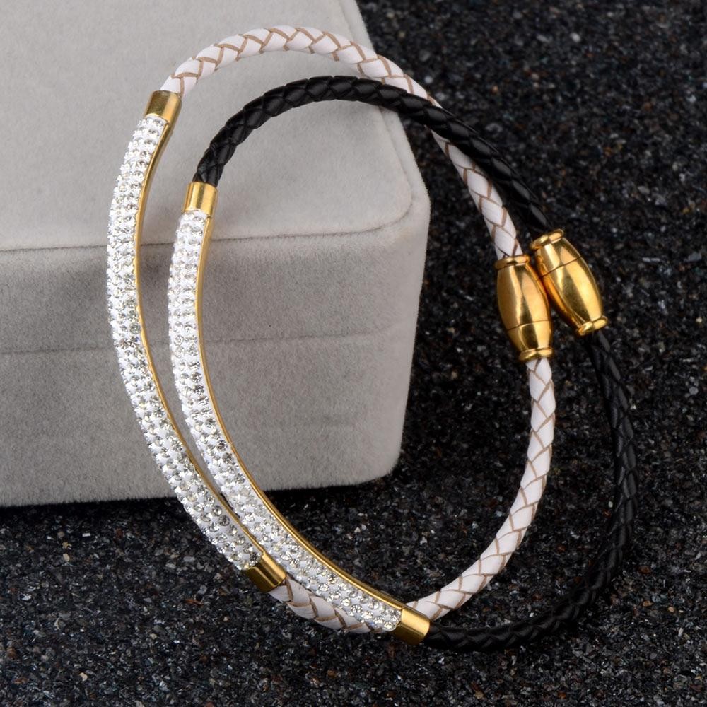 Stainless Steel Leather Bracelet Rhinestone Crystal Bangle with Magnetic Clasp
