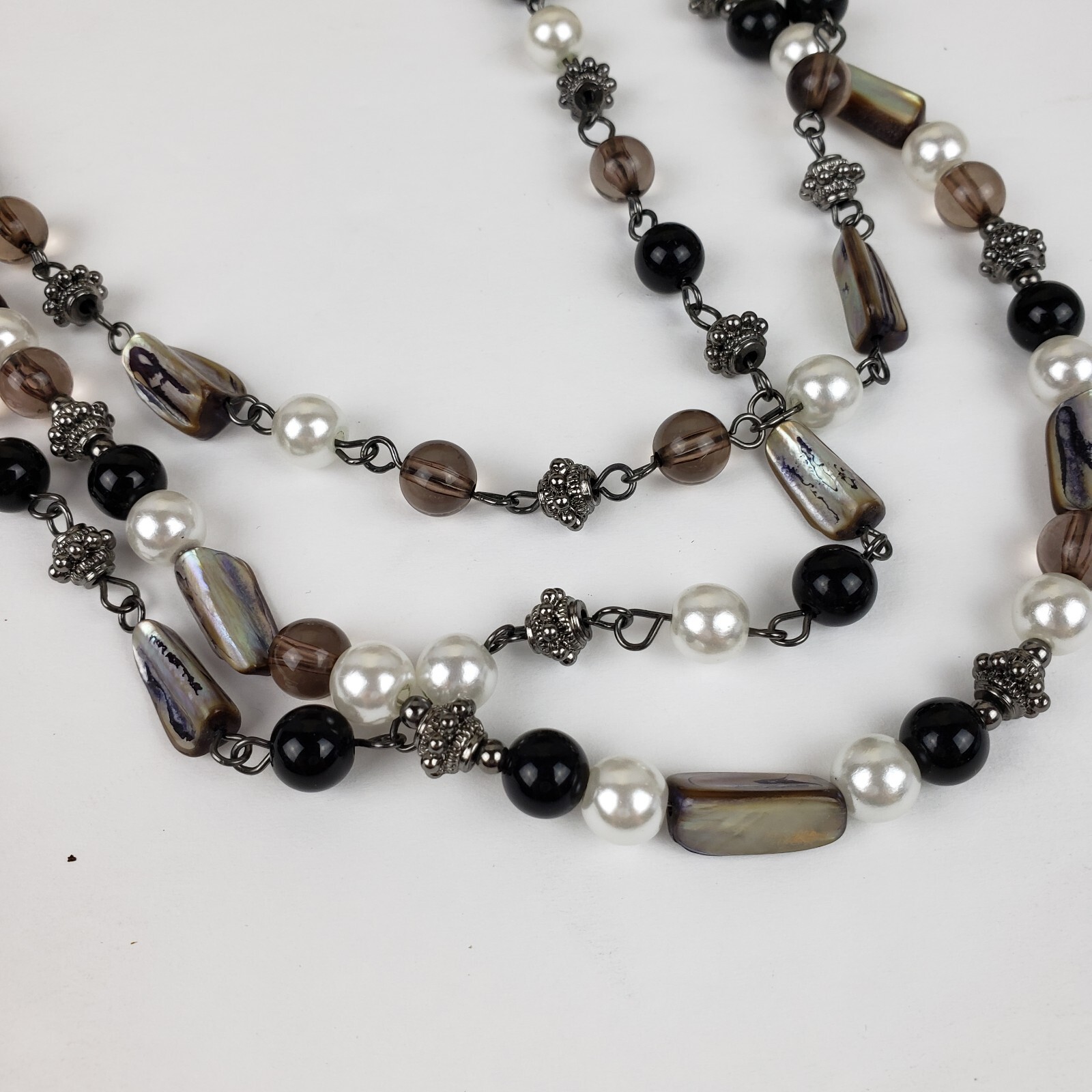 Laila Rowe Multi Strand Shell Glass Pearl Beaded Necklace Adjustable Silver Tone