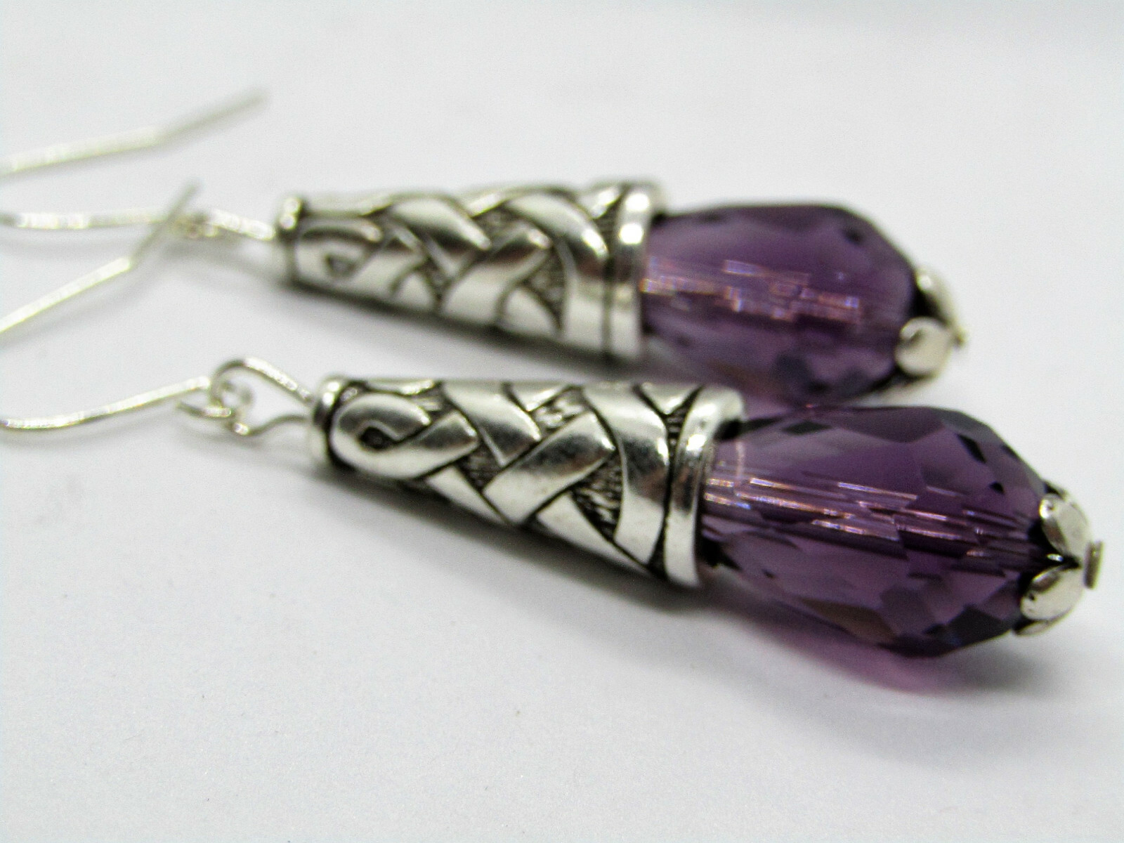 Purple Teardrop Crystal Decorative Cone Silver Dangle Earrings USA MADE