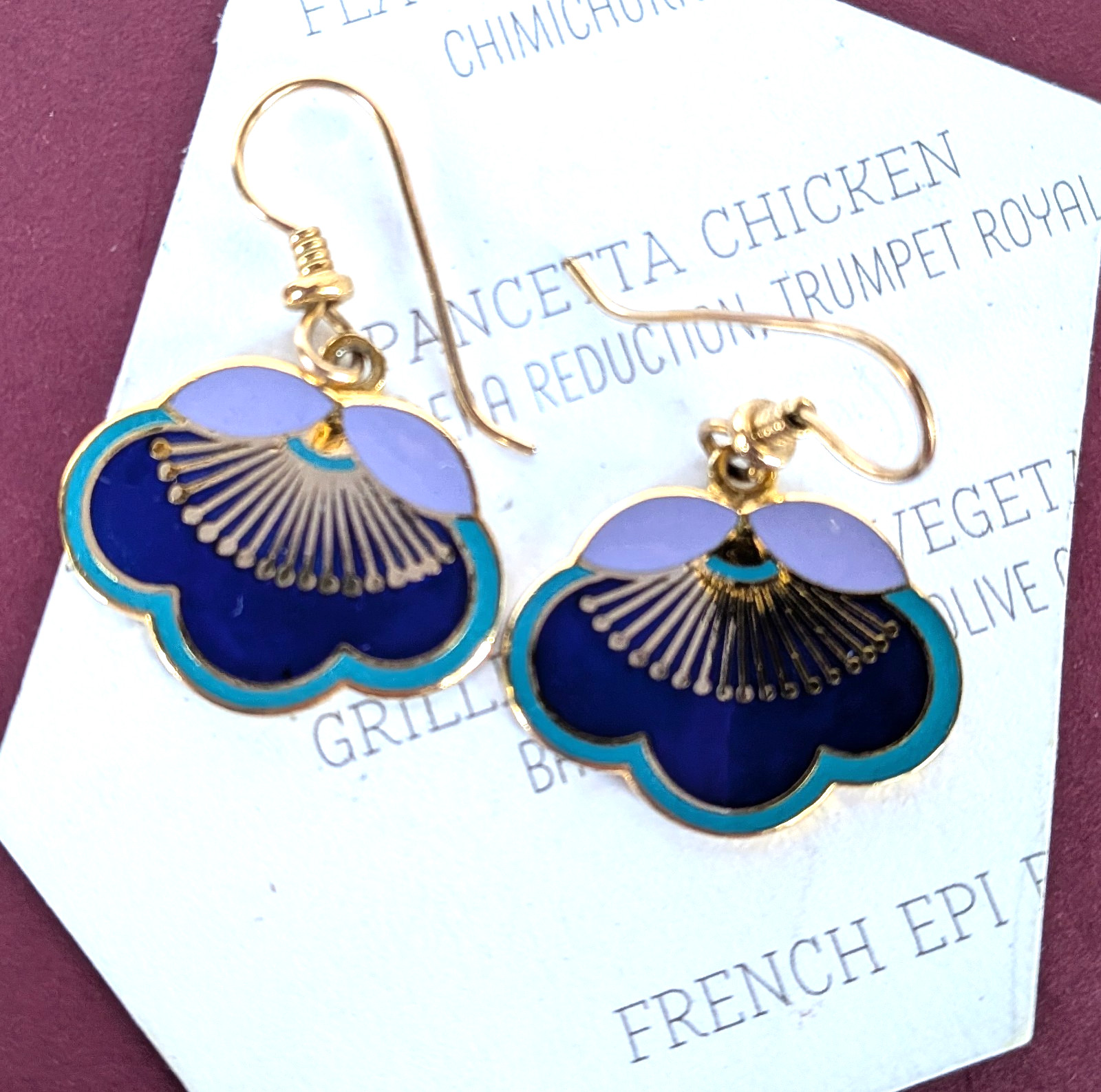 🐸Laurel Burch PLUM BLOSSOM Earrings Dangle Drop Royal Blue Violet Gold Tone VTG