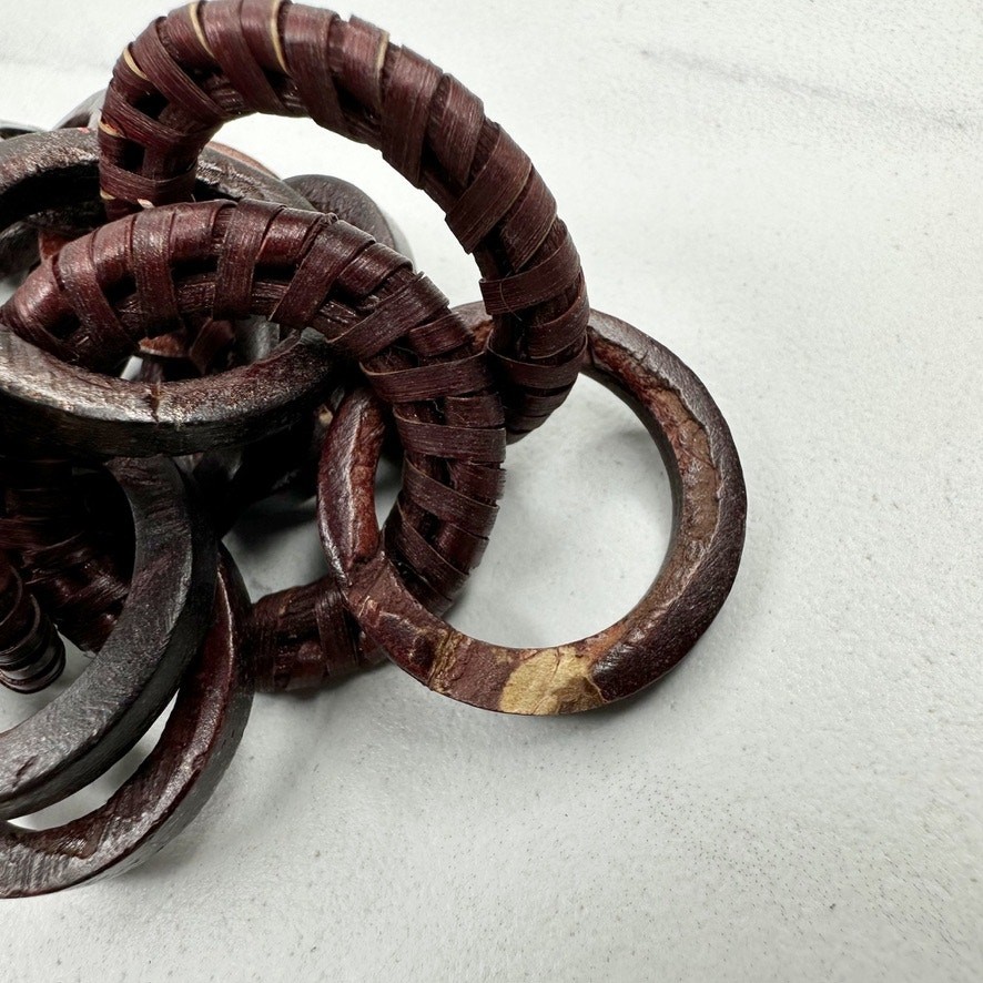 Dark Brown Wood Ring Link Cord Wrapped Chain Necklace Boho Artisan 30″ Slip On