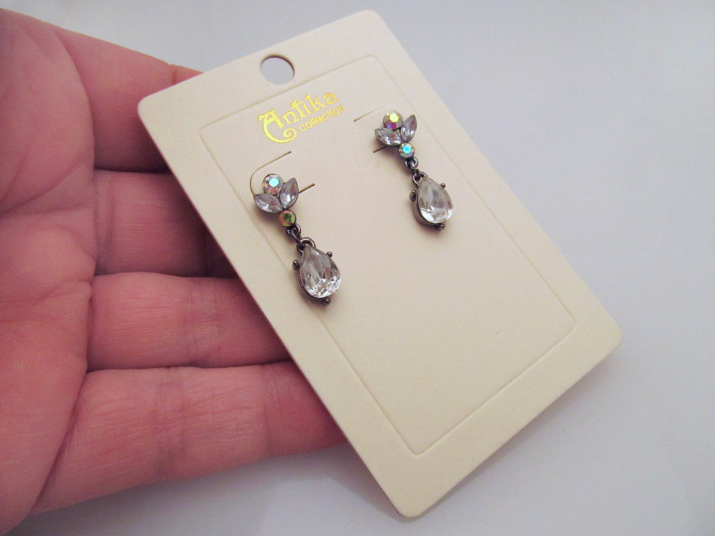 *NEW Gun Metal Tone & Clear Crystal Pierced Elegant Drop Earrings by Antika
