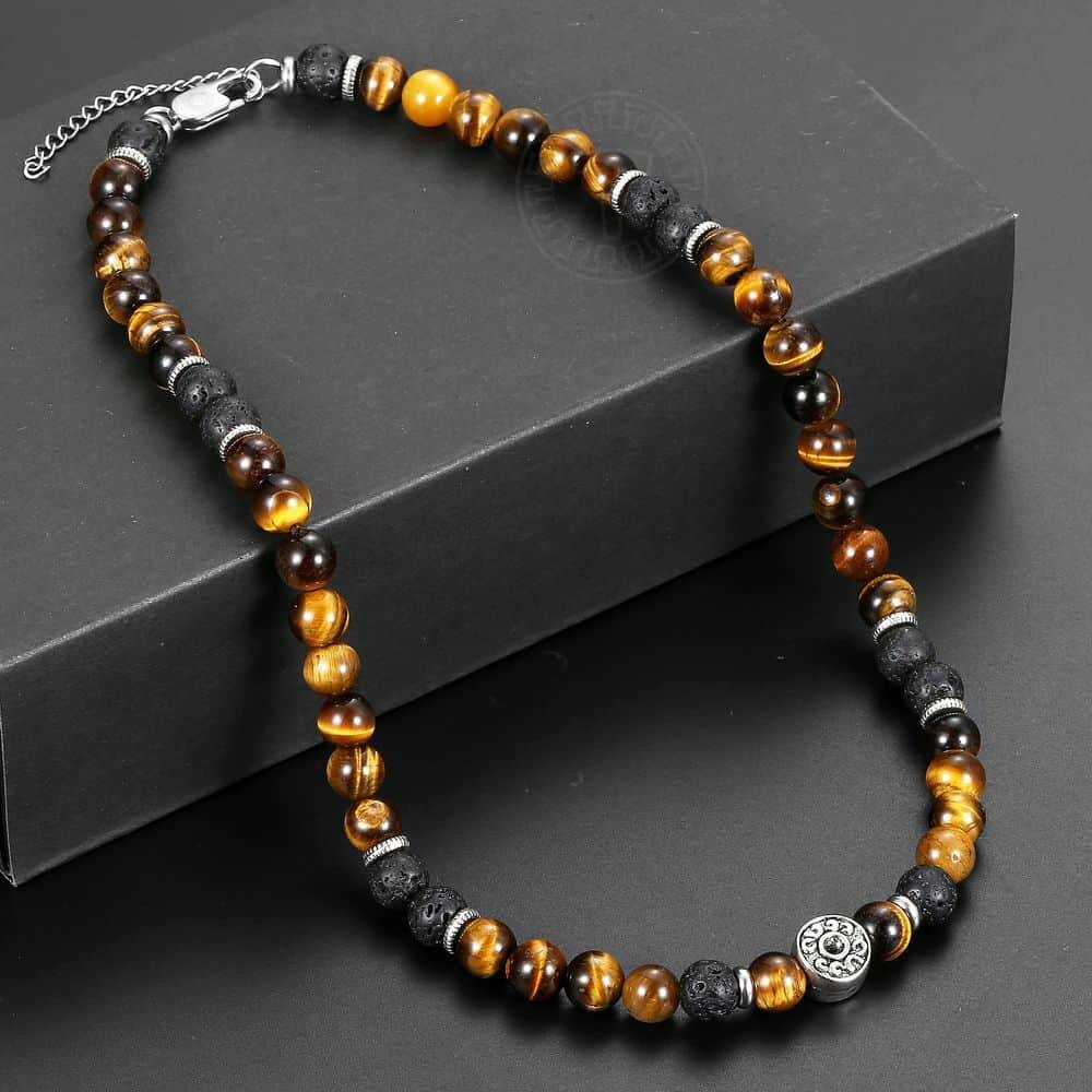8MM 18″ Natural Tiger’s eye Stone Lava Beads Beaded Necklace Choker for Men