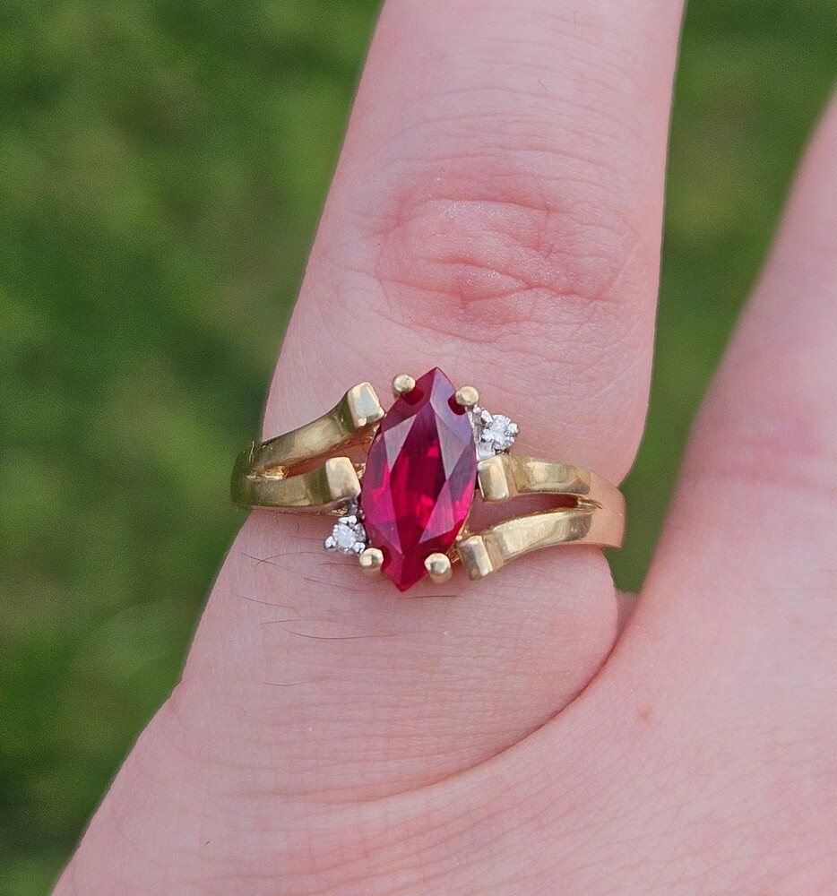 10K Yellow Gold Marquise Ruby Diamond Cocktail Split Shank Ring Size 6.25