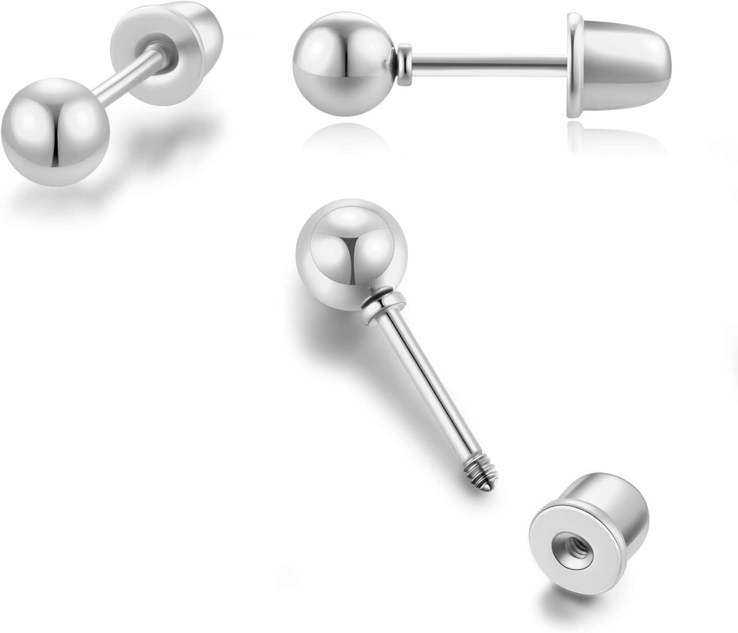 Flat Screw Back Ball Stud Earrings for Women Girls,2Mm 3Mm 4Mm 5Mm 6Mm Ball Earr