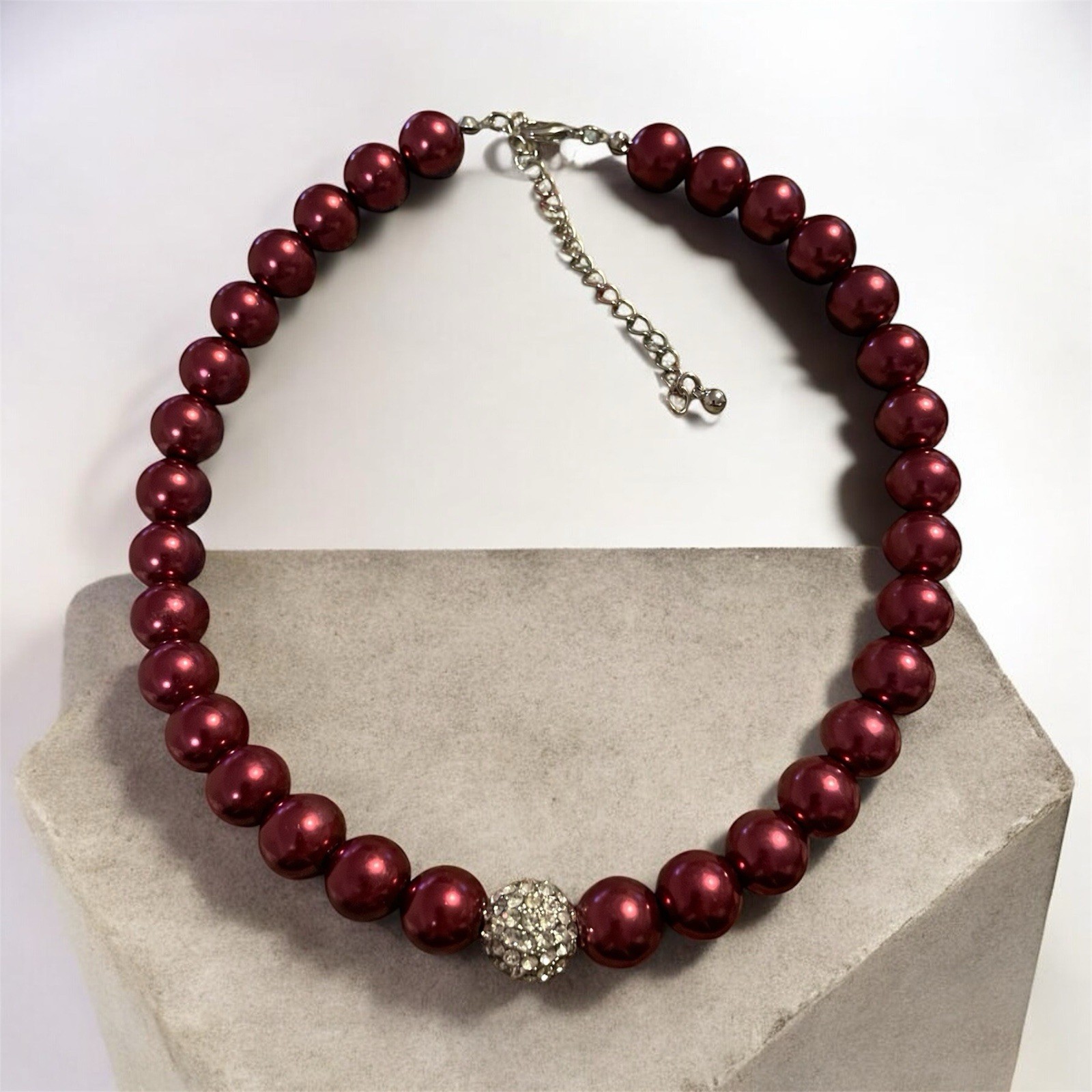 Vintage Beaded Necklace Burgundy Wine Rhinestone Glam Special Occasion 16″