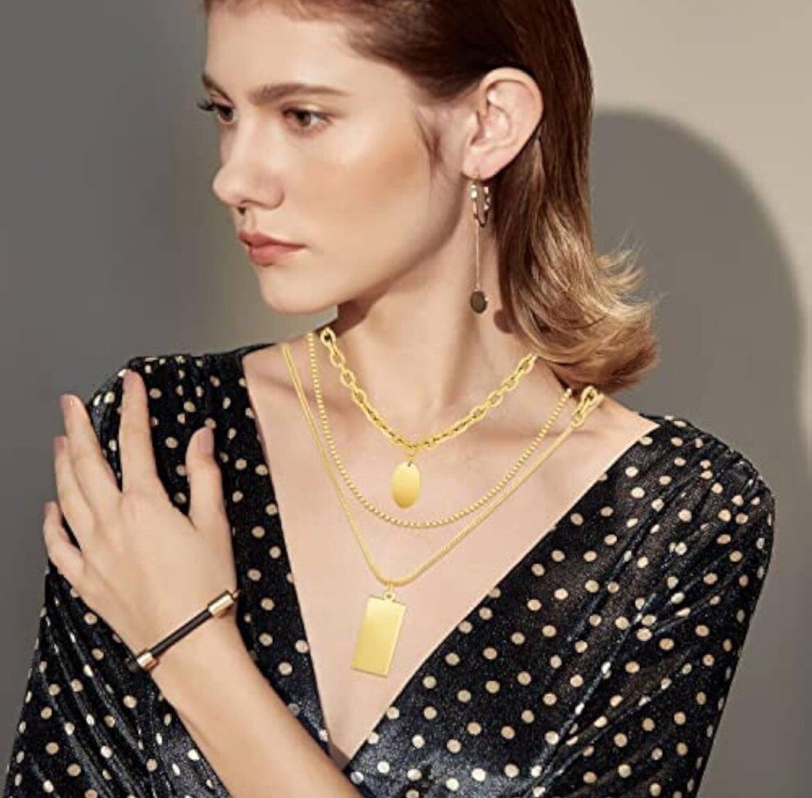 4PCS Gold Layered Necklace Set: bead,thin bead, oval square pendant chunky chain