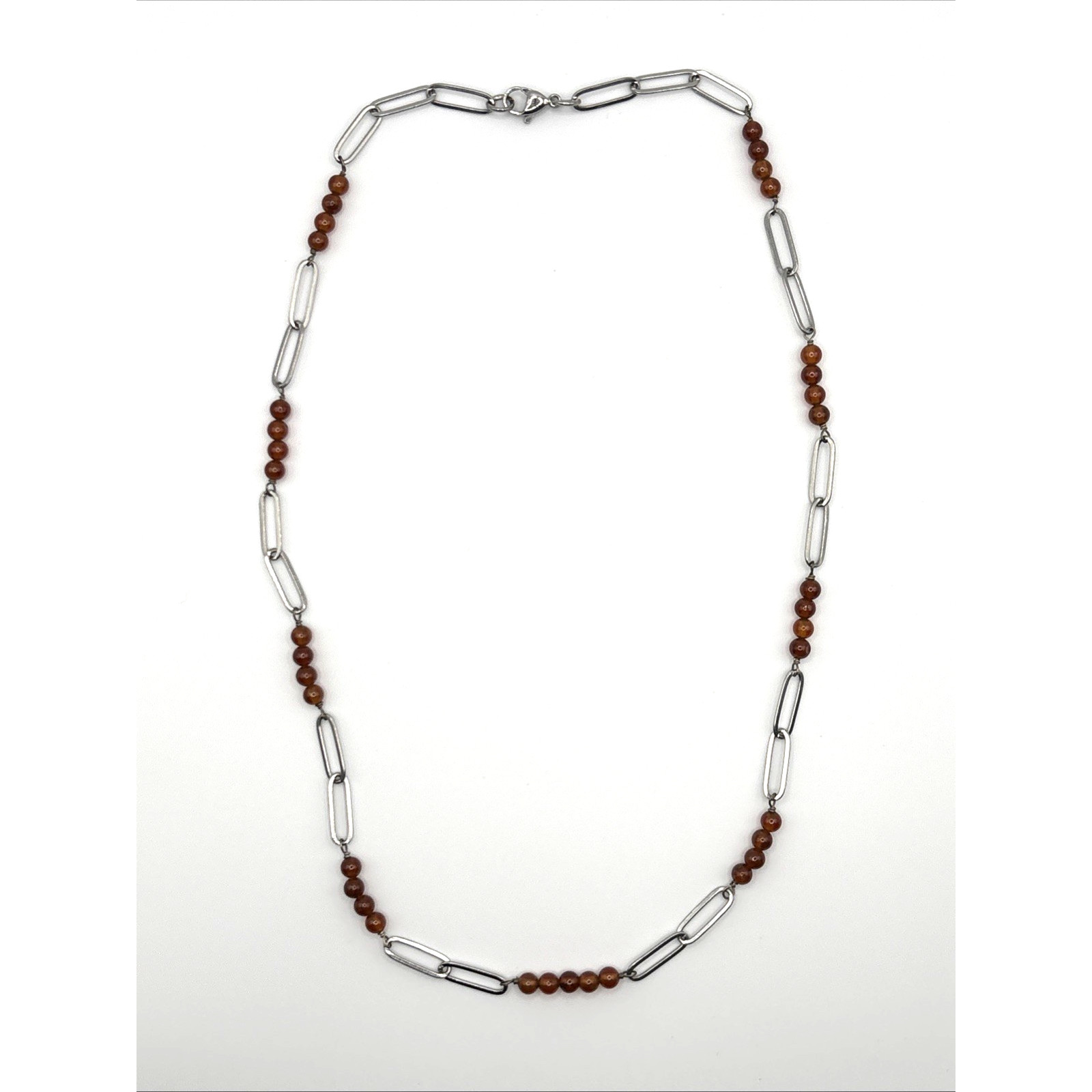 Hessonite Garnet Beaded Chain Necklace Stainless Steel 20” India Approx.4mm