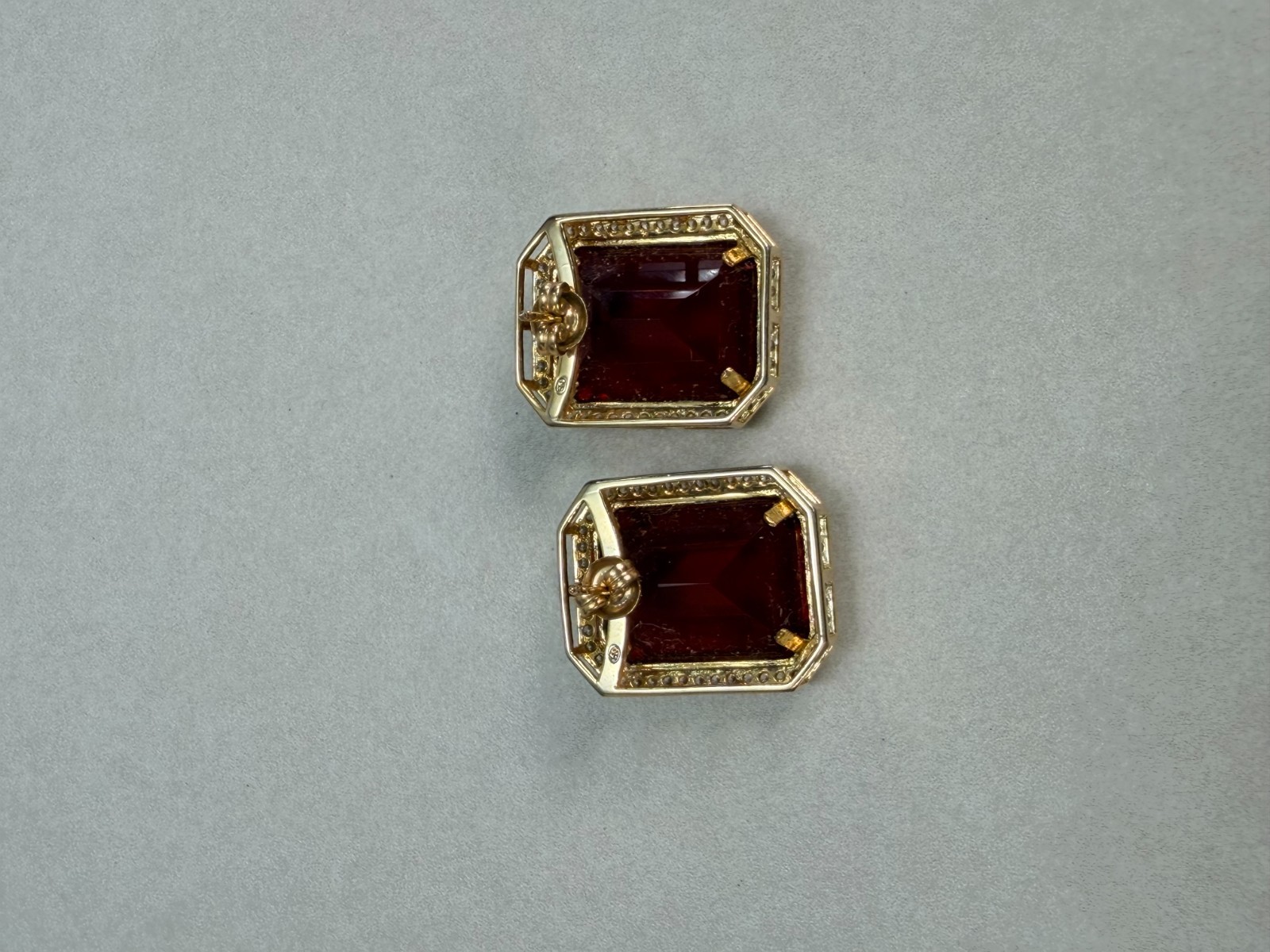 Ruby Red Emerald Cut Crystal Halo Stud Earrings Gold Tone Glam