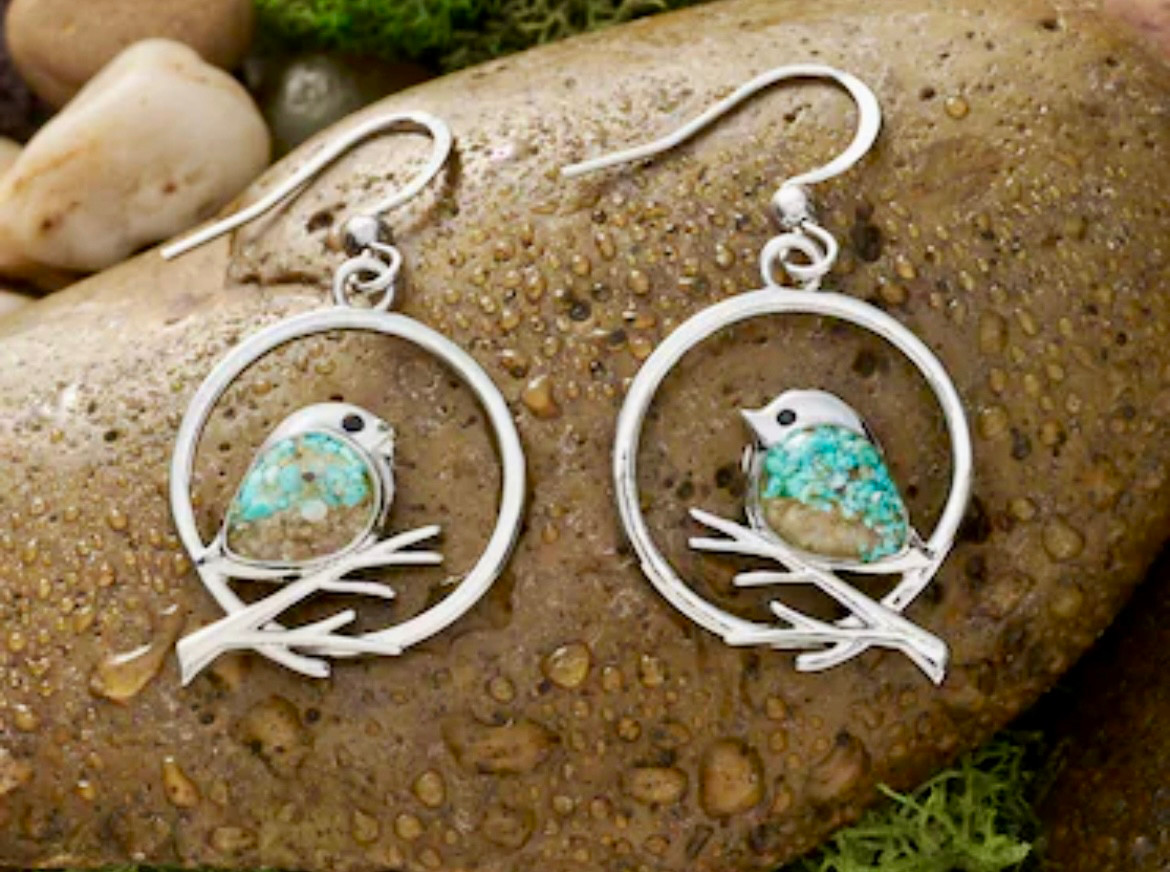 Beautiful Unique Bird Branch Earrings, Turquoise Sand Inlaid