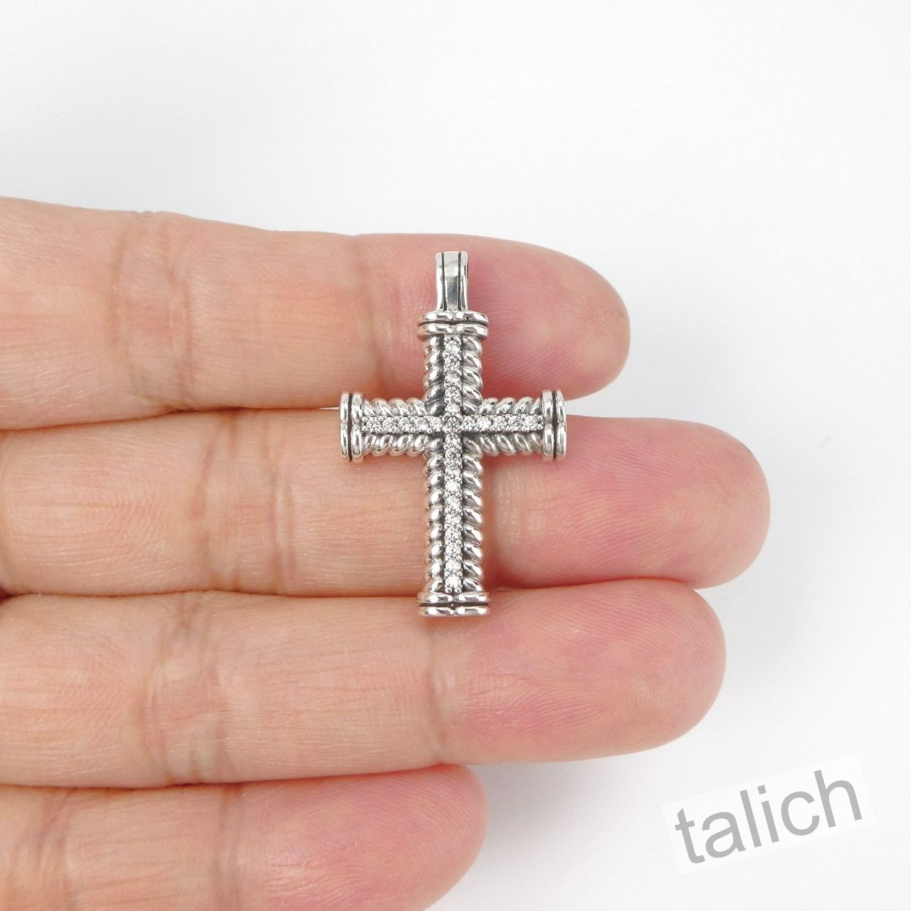 925 Sterling Silver Twist Rope Small Cross Pendant with Clear or Black CZ Pave