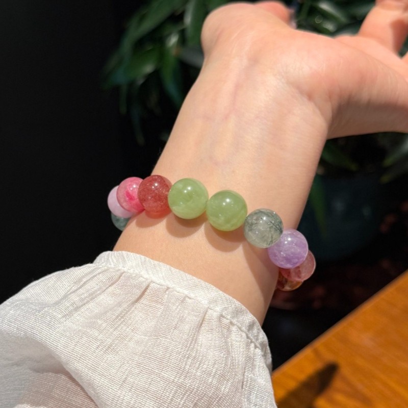 12/13mm Natural Green fluorite sprpentine jade rose quartz amethyst Bracelet
