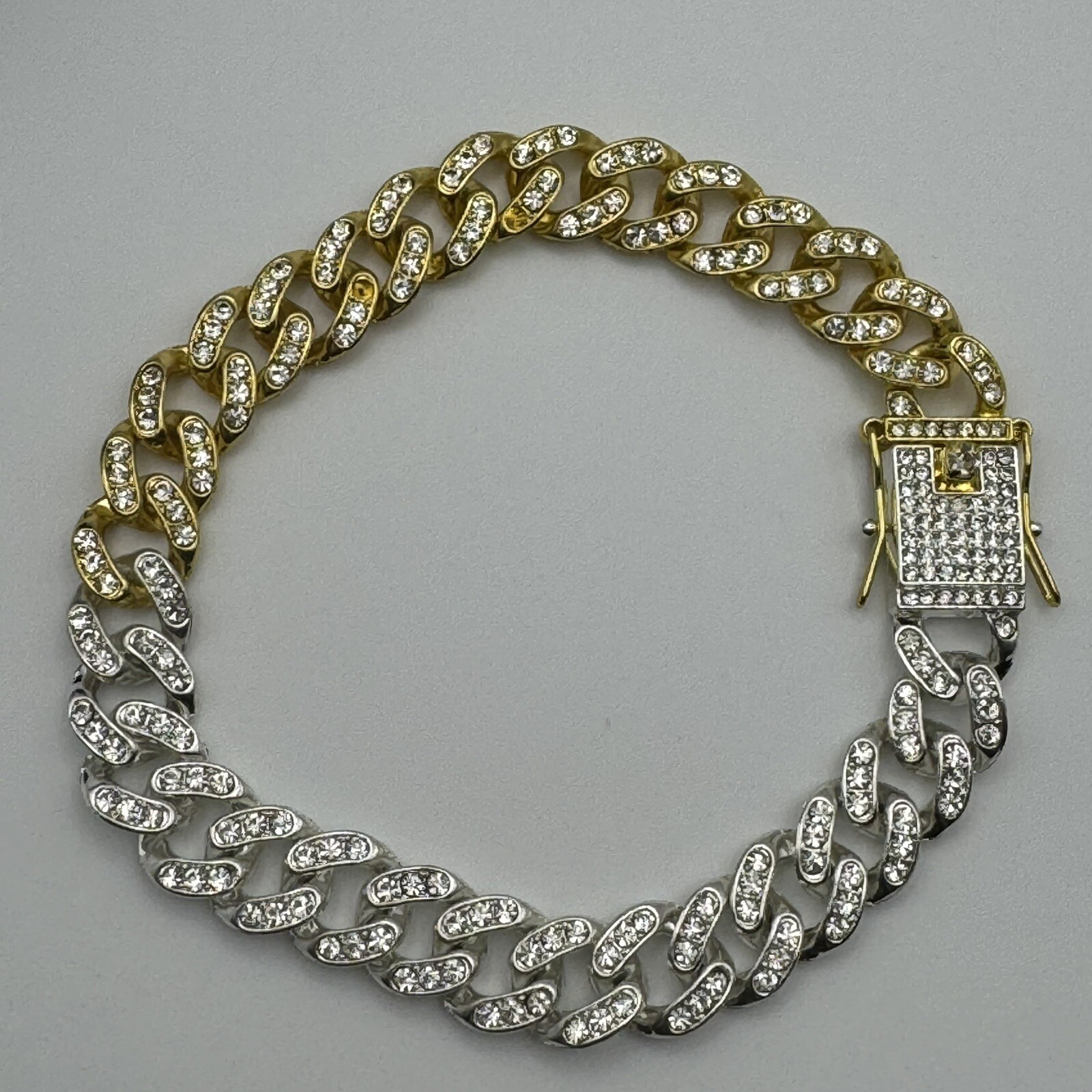 Goldtone Silvertone Rhinestone Cuban Link Box Clip Closure Bracelet 9 1/2”