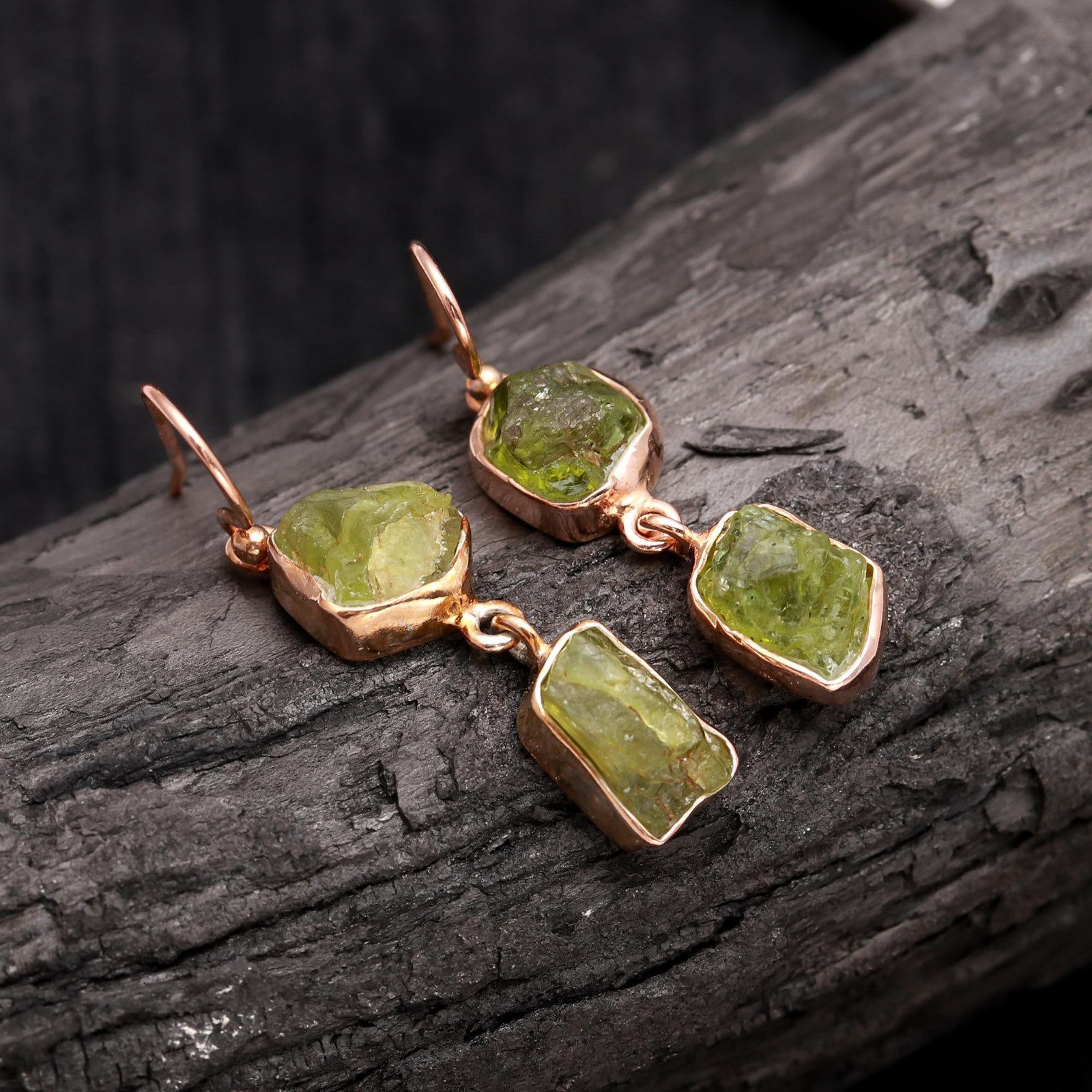 Natural Peridot Rough Dangle Earring Rose Gold Fill 925 Sterling Silver Jewelry