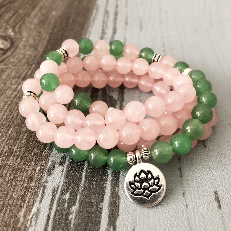 108 Beads Mala Rose Quartz Green Aventurine Healing Stone Bracelet Necklace