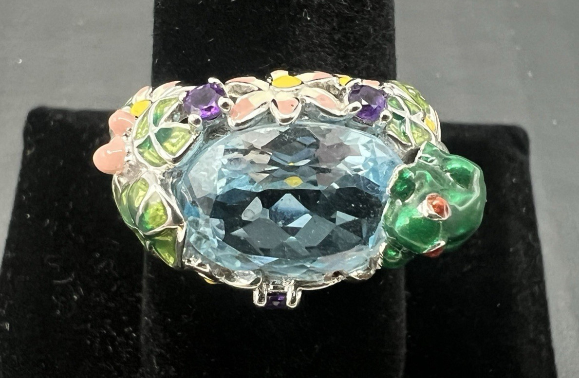 Ross Simons Sterling Silver Frog Pond Ring Blue Topaz Amethyst Enamel Size 9