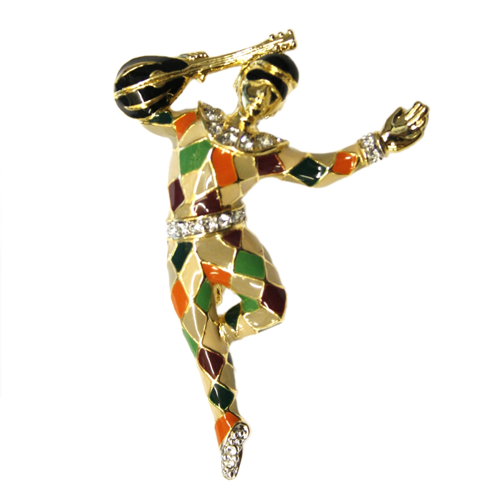 Dancing Harlequin Brooch Gold Plated Metal Alloys With Enamel & Czech Crystals