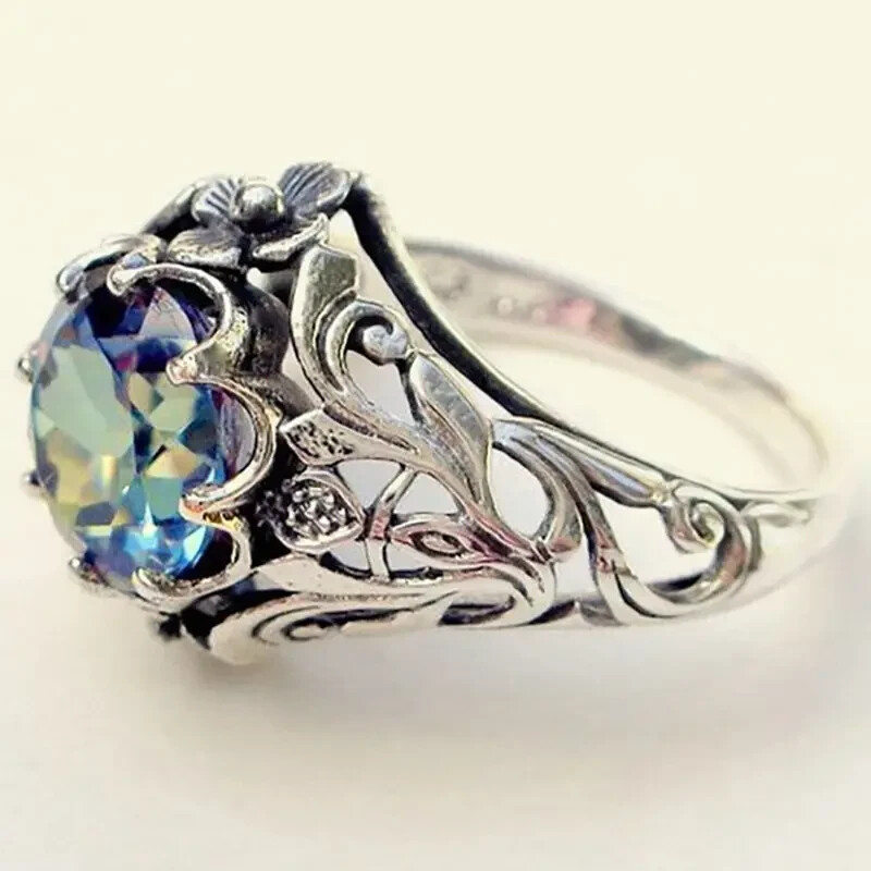 925 Sterling Silver Rainbow Mystical Fire Topaz Wedding Engagement Ring Size 8