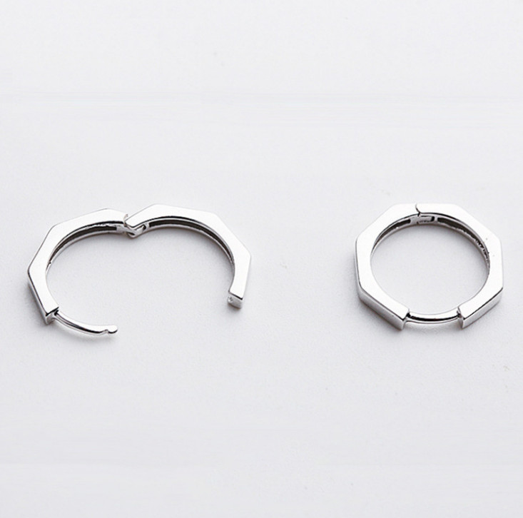 Solid 925 Sterling Silver Octagon Huggie Hoop Earrings Plain 15mm Men Women D25