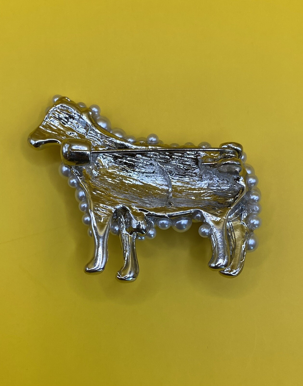 Silver Tone Faux Pearl Sheep Brooch Pin