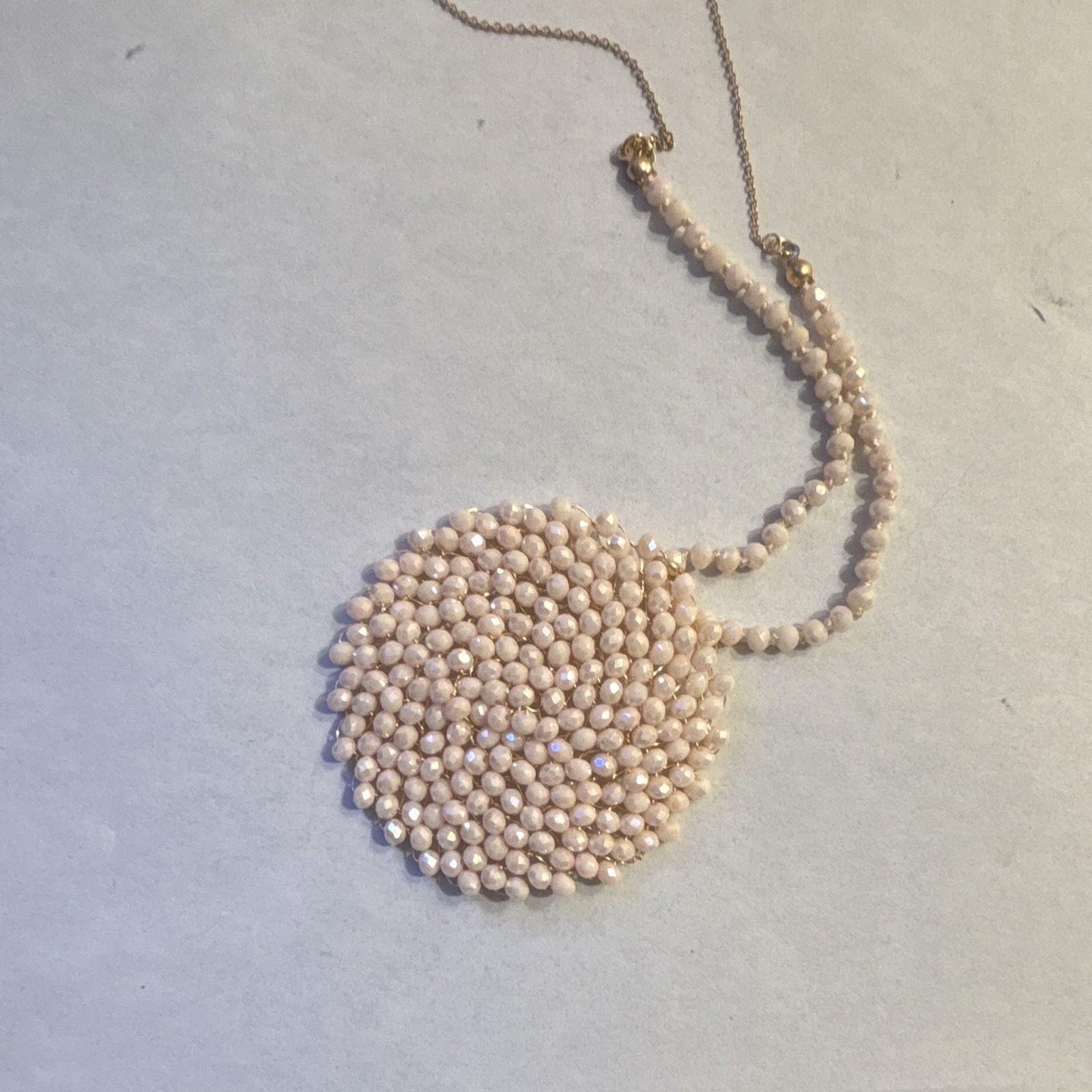 White Pearl Beaded Clasp Necklace Round Charm Pendant Double-Strand Beaded Chain