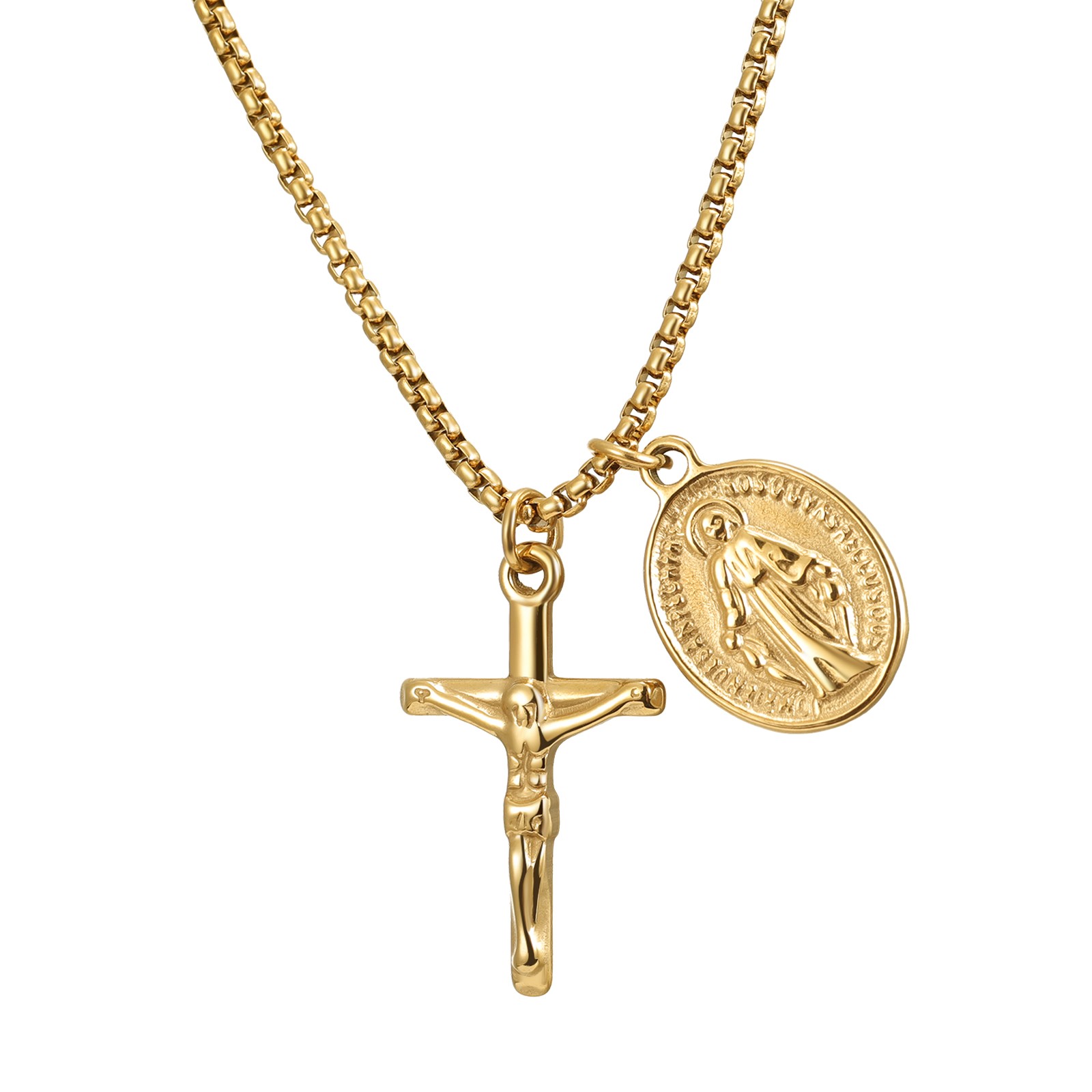 Virgin Mary Jesus Cross Crucifix Rosary Necklace with Miraculous Medal Men Women