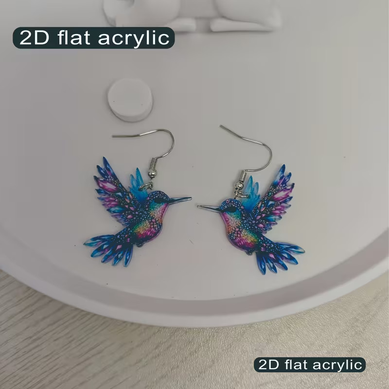 1 Pair, Charming and Cute Colorful Hummingbird Acrylic Earrings