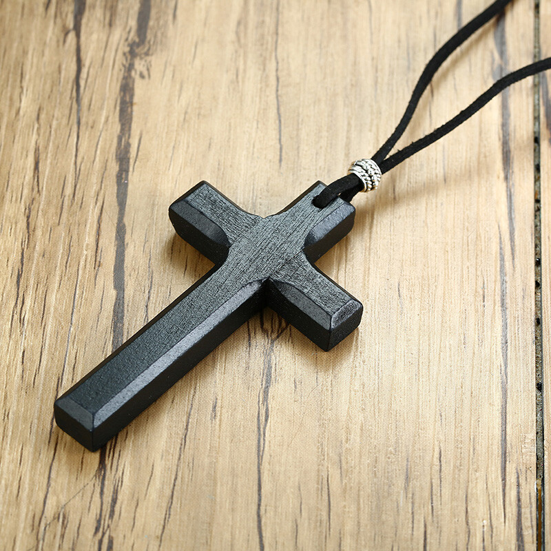 Retro Wood Cross Crucifix Leather Cord Pendant Men Women Necklace Sweather Chain