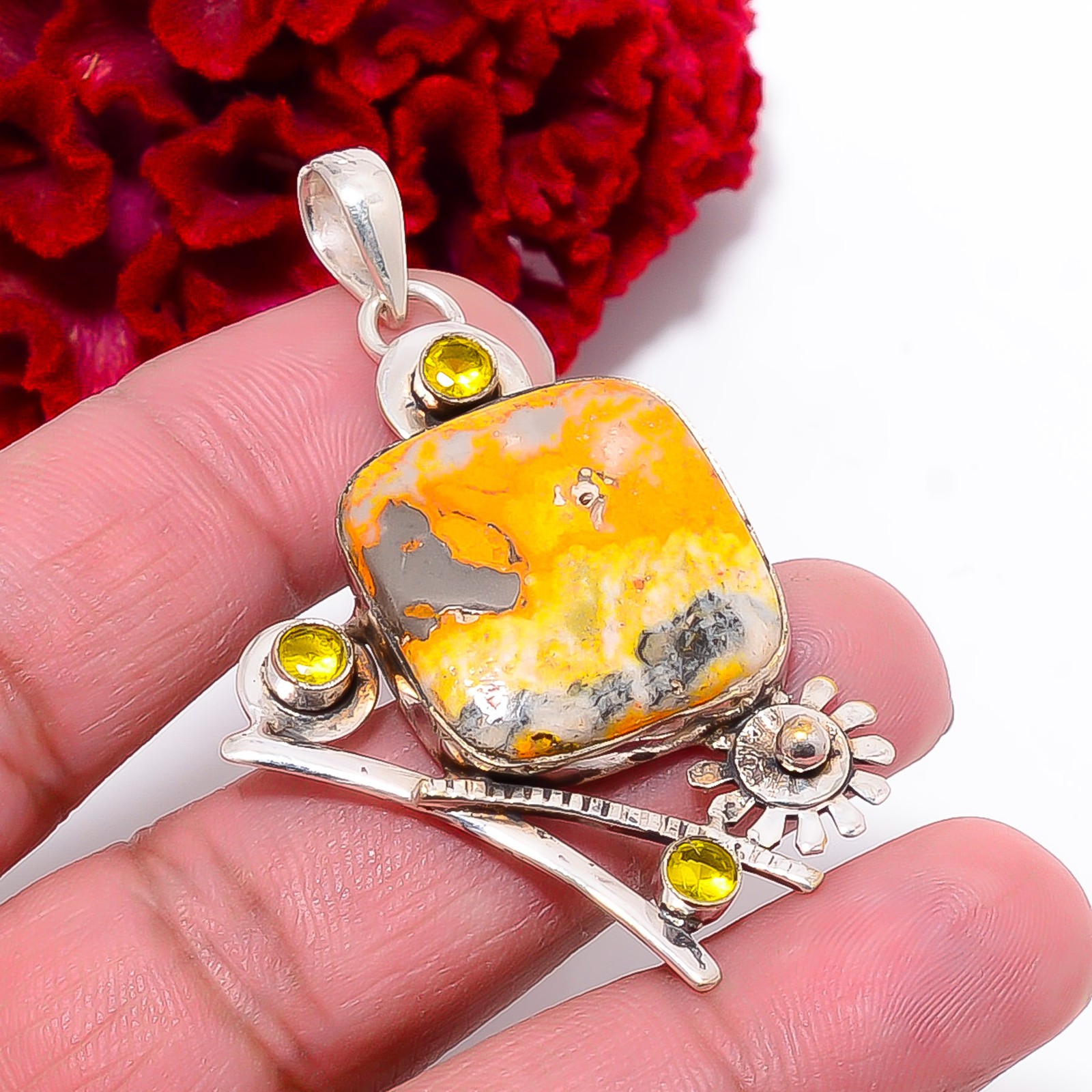 Bumble Bee Jasper – Indonesia & Citrine 925 Silver Pendant 2.26″ P1017997125