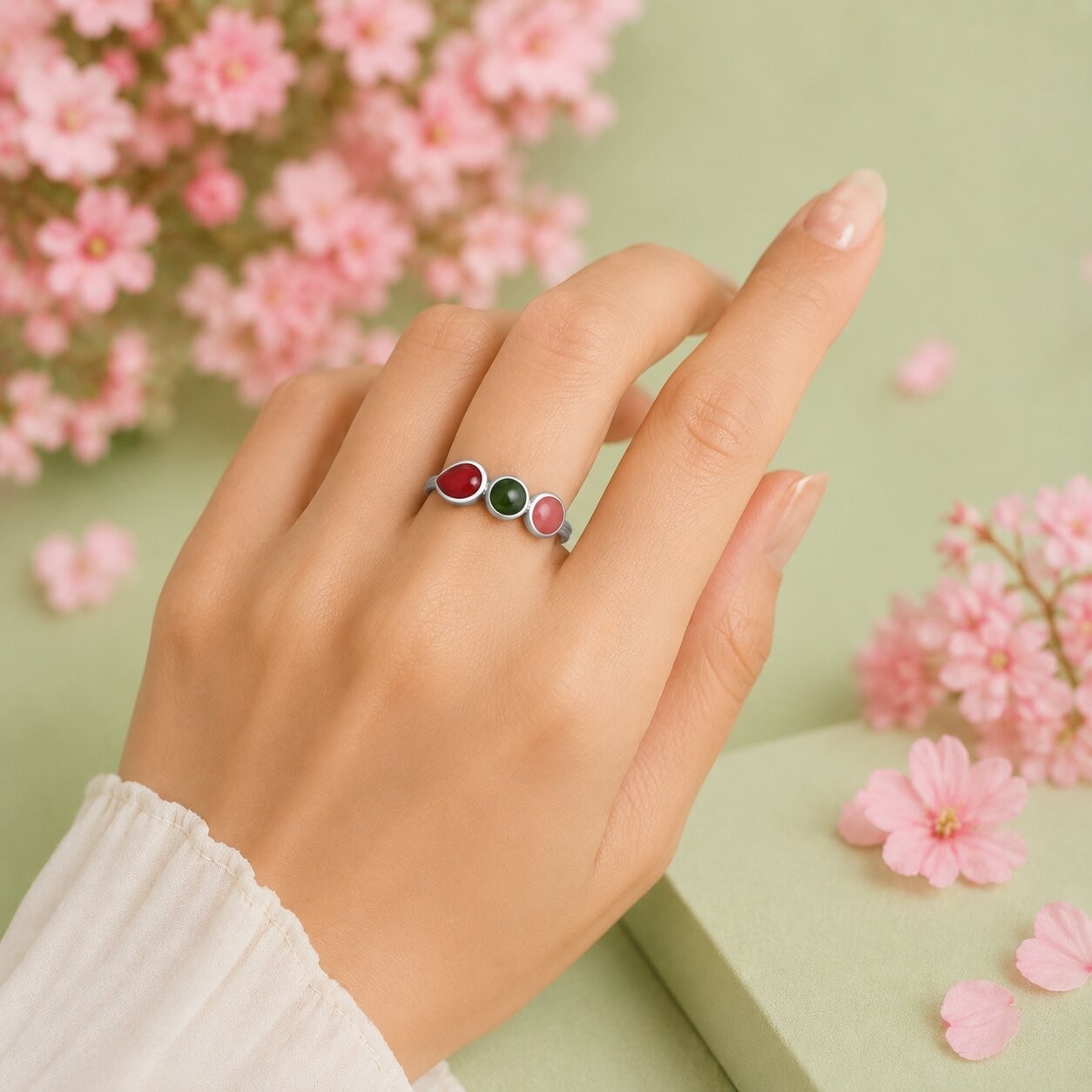 925 Sterling Silver Multi Gemstone Bezel Ring Handmade Three Stone Band Women