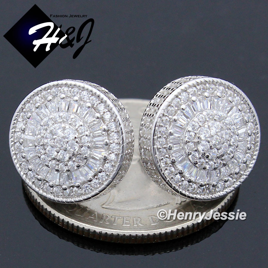 MEN 925 STERLING SILVER 13MM ICY BLING CZ ROUND 3D SCREW BACK STUD EARRING*E78