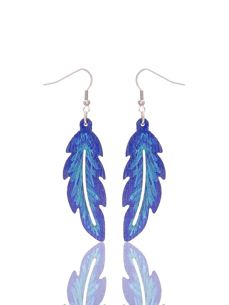Bohemian Blue Wooden Feather Shape Eardrop Women’s Retro Pendant Earrings New