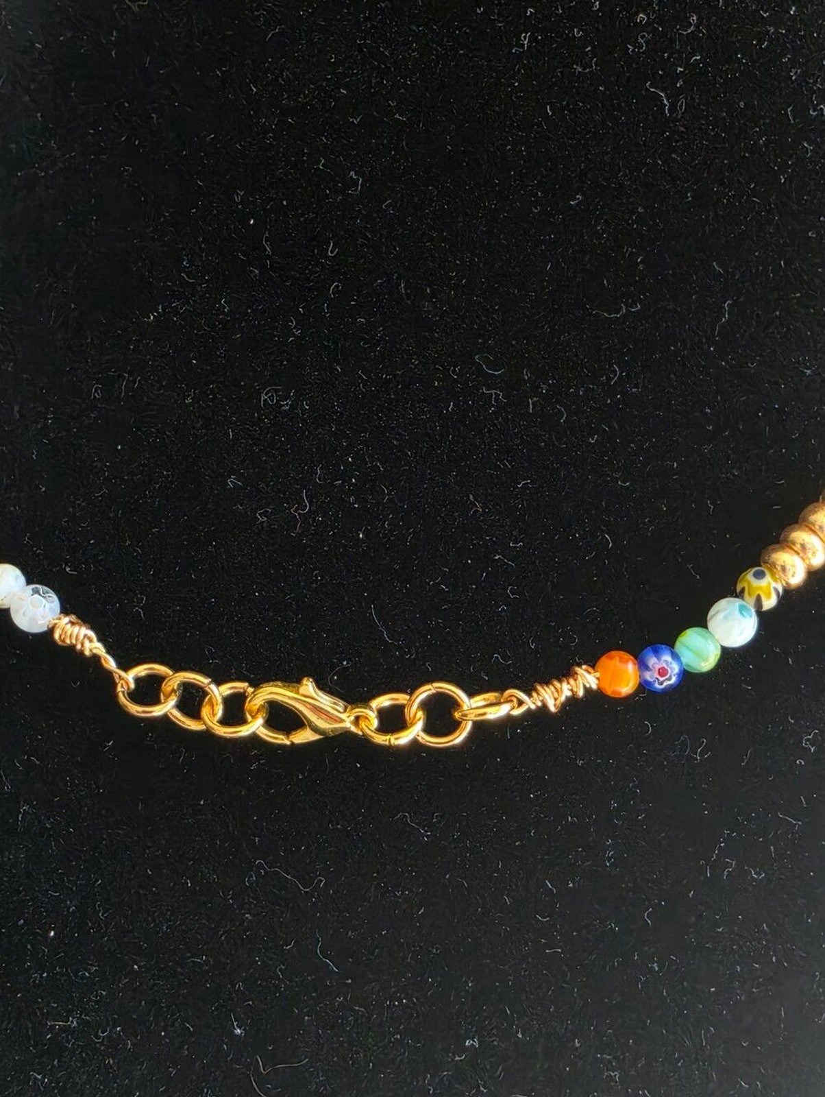14k Gold Plated Crescent Moon Charm Necklace Multi Color Millefiori Glass Bead