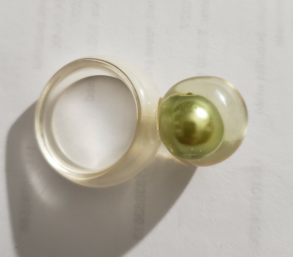 Pearl resin ring, statement ring, green, size 7, high quality