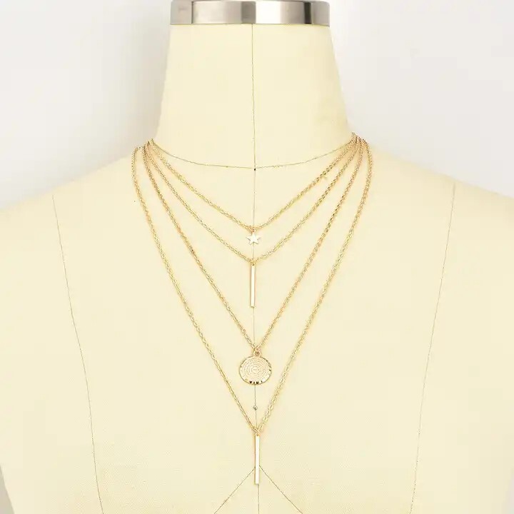 Multi (Four) Layer Long Chain Pendant Choker Necklace Jewelry – Boho Women Gold