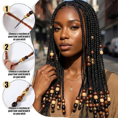 60 Pcs Wooden Hair Beads for Braids & Dreadlocks, Natural Wood Hair Cuffs with
