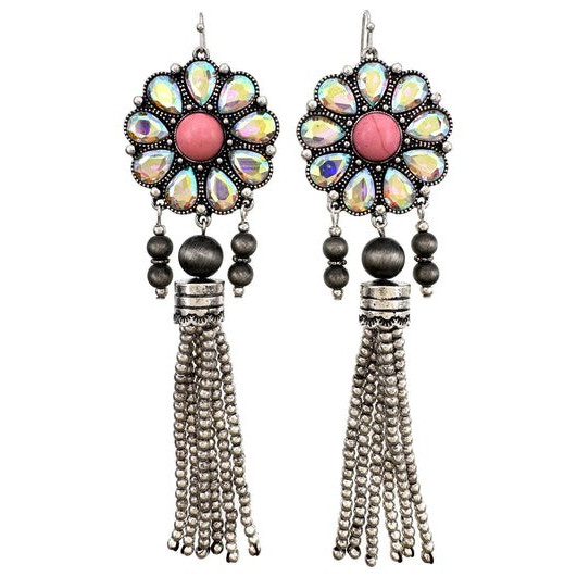 Silver Tone Bohemian Flower Tassel Dangle/Drop Hook Earrings Pink Multicolor