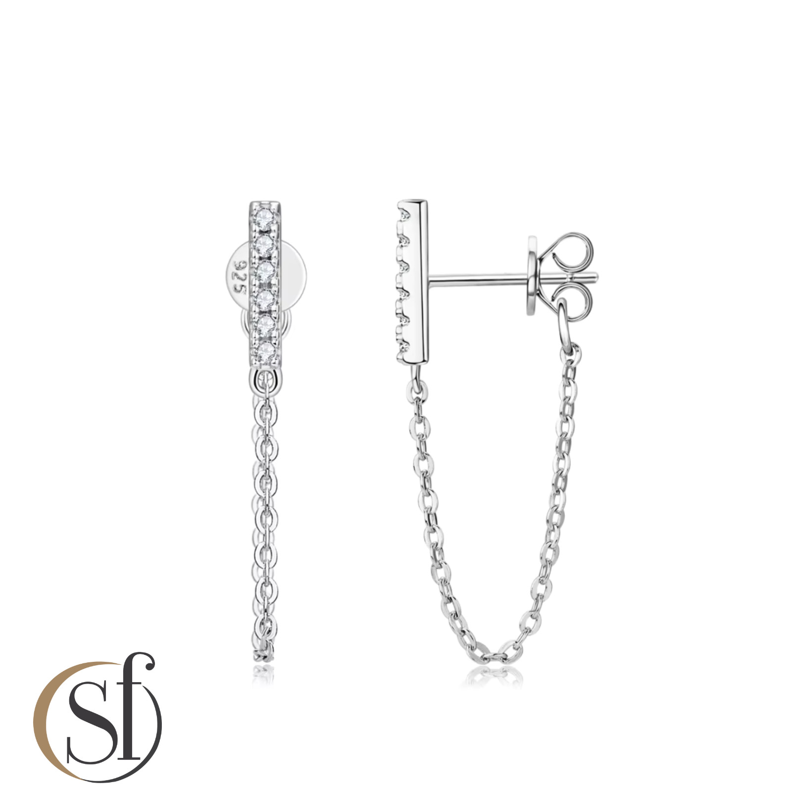 Moissanite Bar Chain Drop Earrings | Sterling Silver | 14K White or Yellow Gold