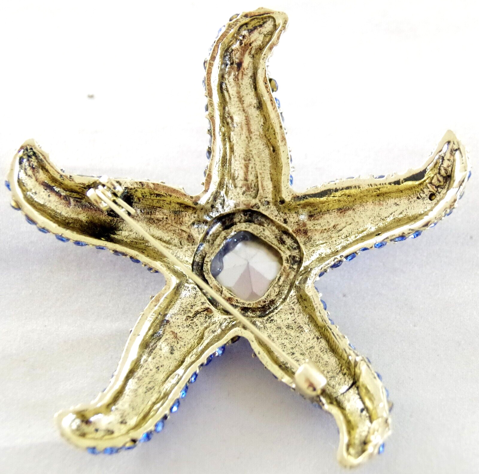 BIG UNSIGNED KENNETH JAY LANE INSPIRED BLUE RHINESTONE GLASS CAB STARFISH BROOCH
