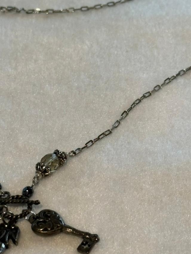 Silver Tone Skeleton Key Charm Necklace Crystal Beads Toggle Clasp 15 Inch