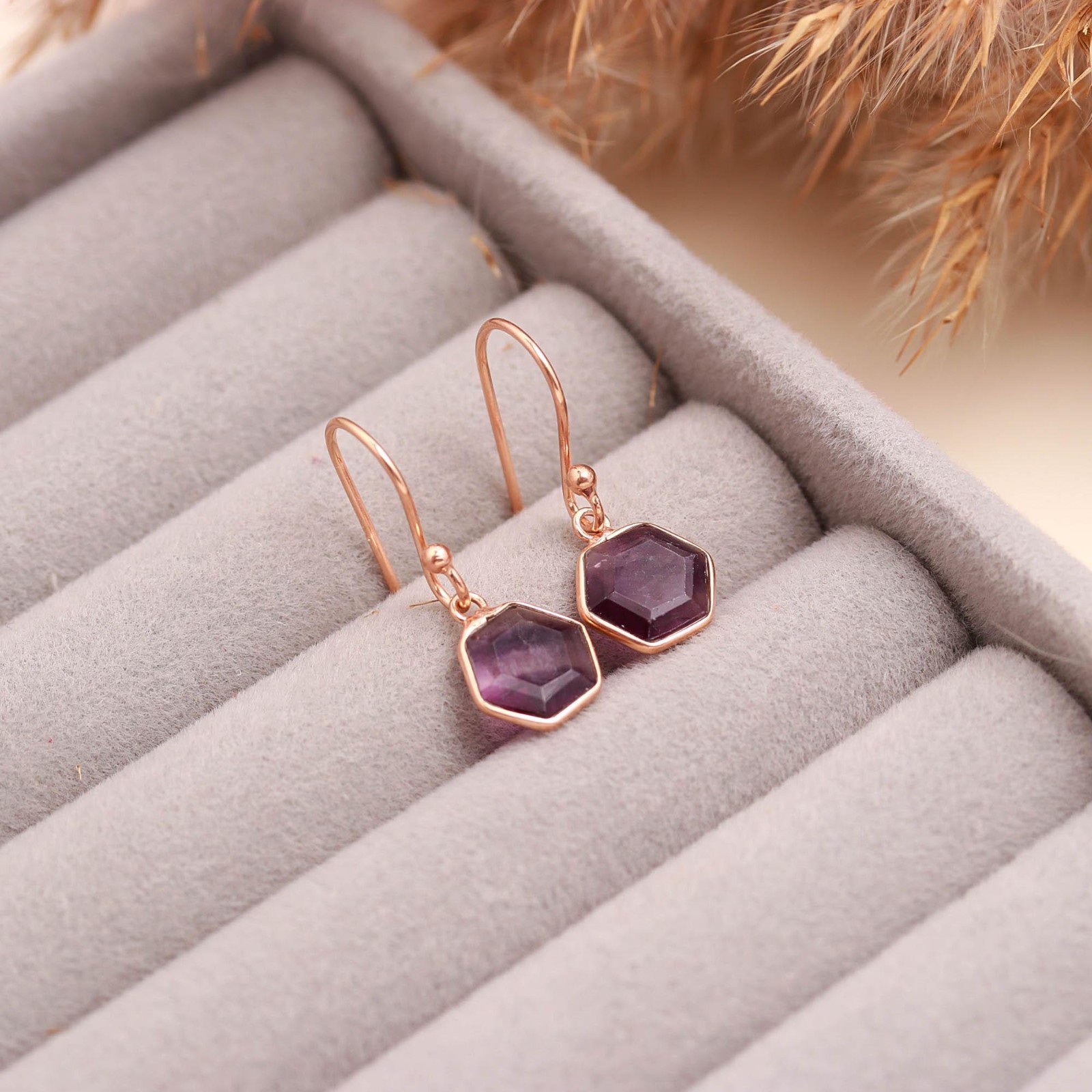 Natural Fluorite Hexagon Dangle Earrings Rose Gold Plated Solid Silver Jewelry
