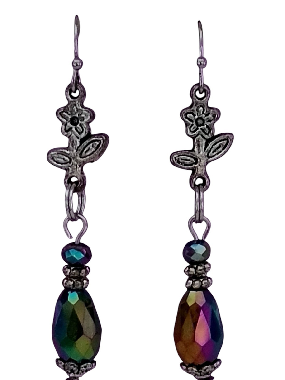 Handcrafted IRRIDESCENT BEADS SILVERTONE FLOWERS Double-Sided Dangle Earrings