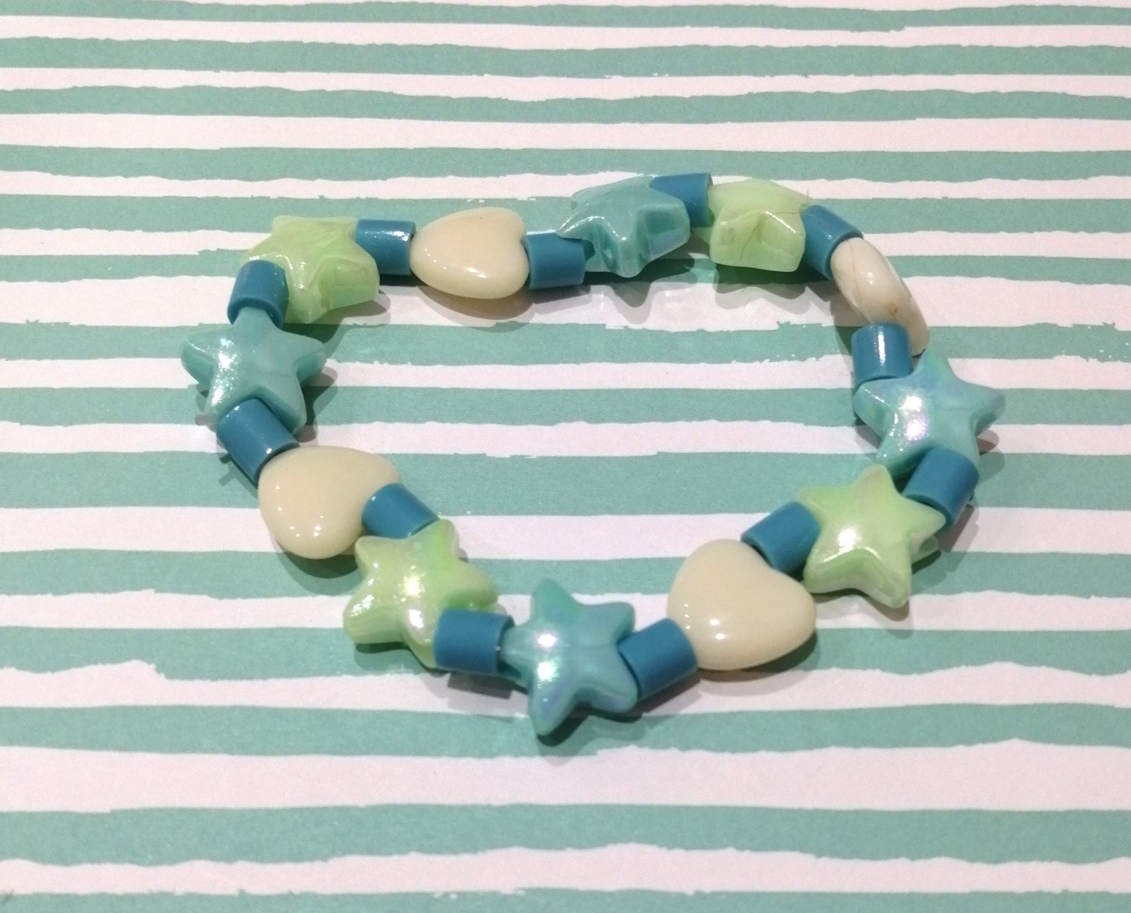 Stars & Hearts Blue Cream Green Bead Bracelet
