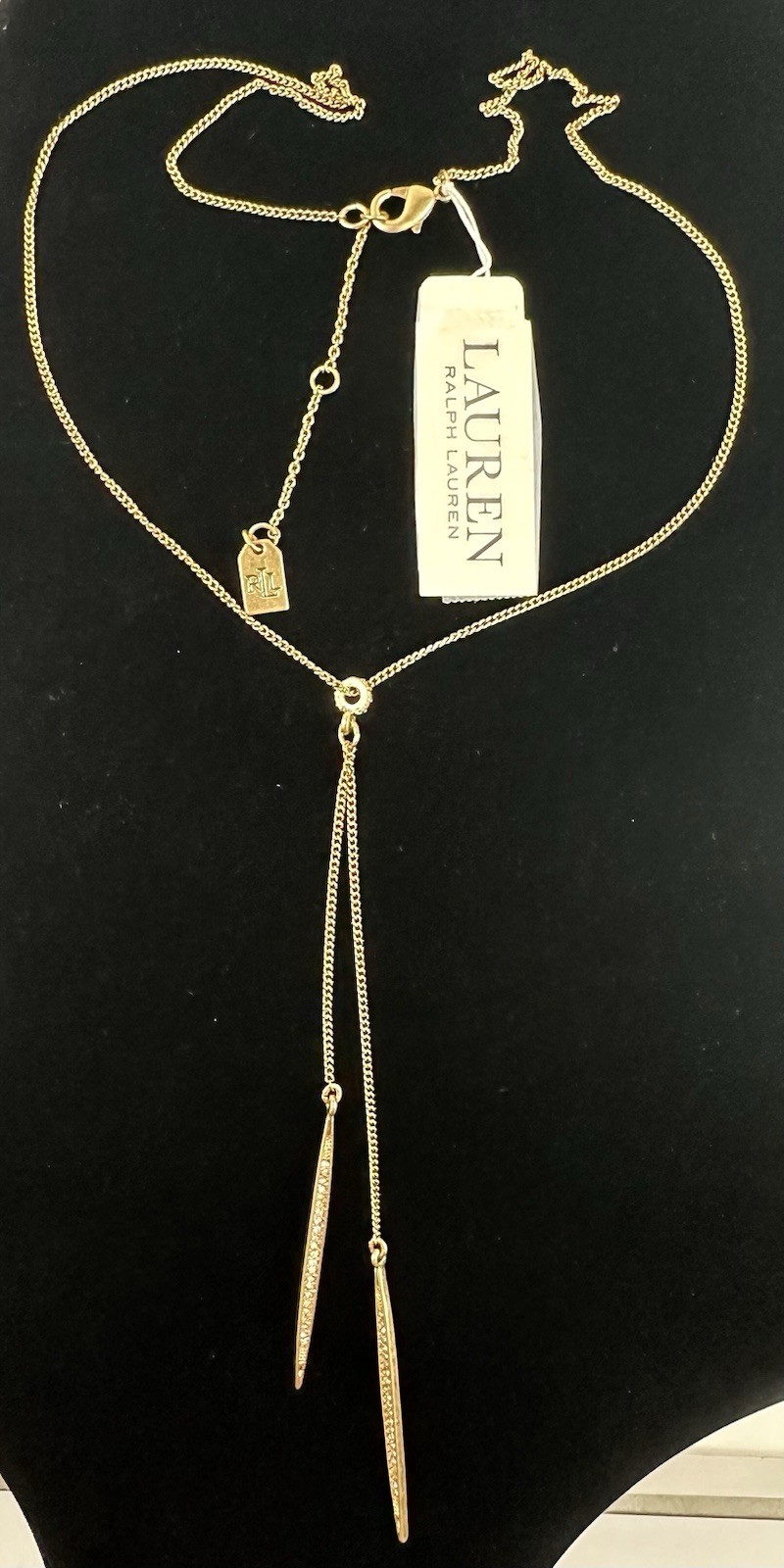 LAUREN Ralph Lauren Modern Leaves Pave Stick Lariat Gold-Tone Necklace 18″ NWT