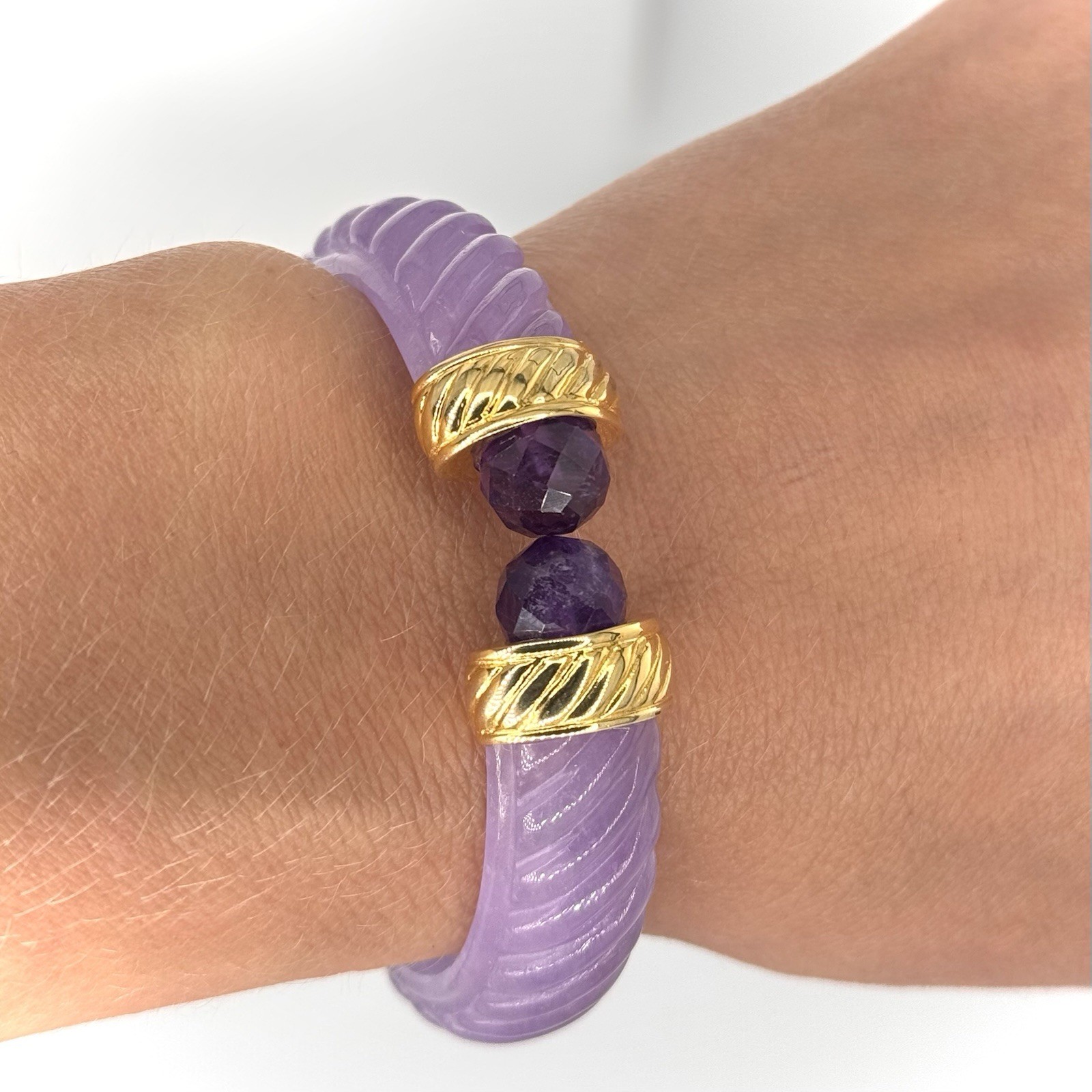 Real Carved Purple Jade Bangle with Gold Plated 925. Rare. Sold Out at $300