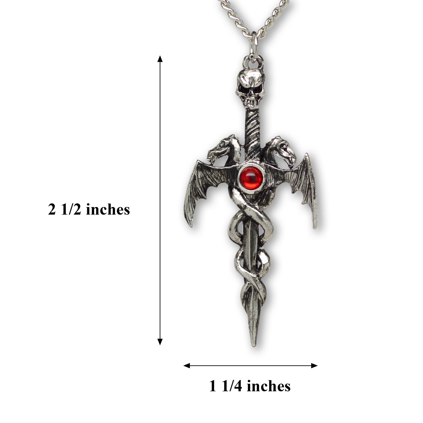 Gothic Skull On Sword with Dragons Silver Finish Pewter Pendant Necklace NK-681