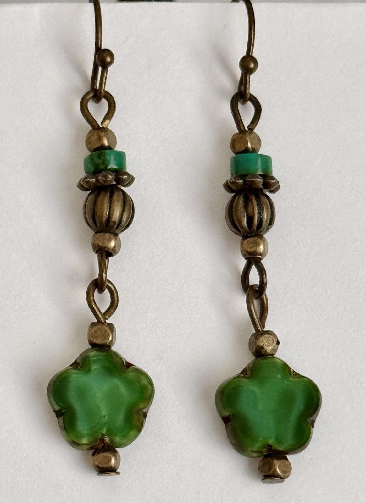 Bronze and Silky Green Picasso Flower Dangle Earrings. Boho Chic.
