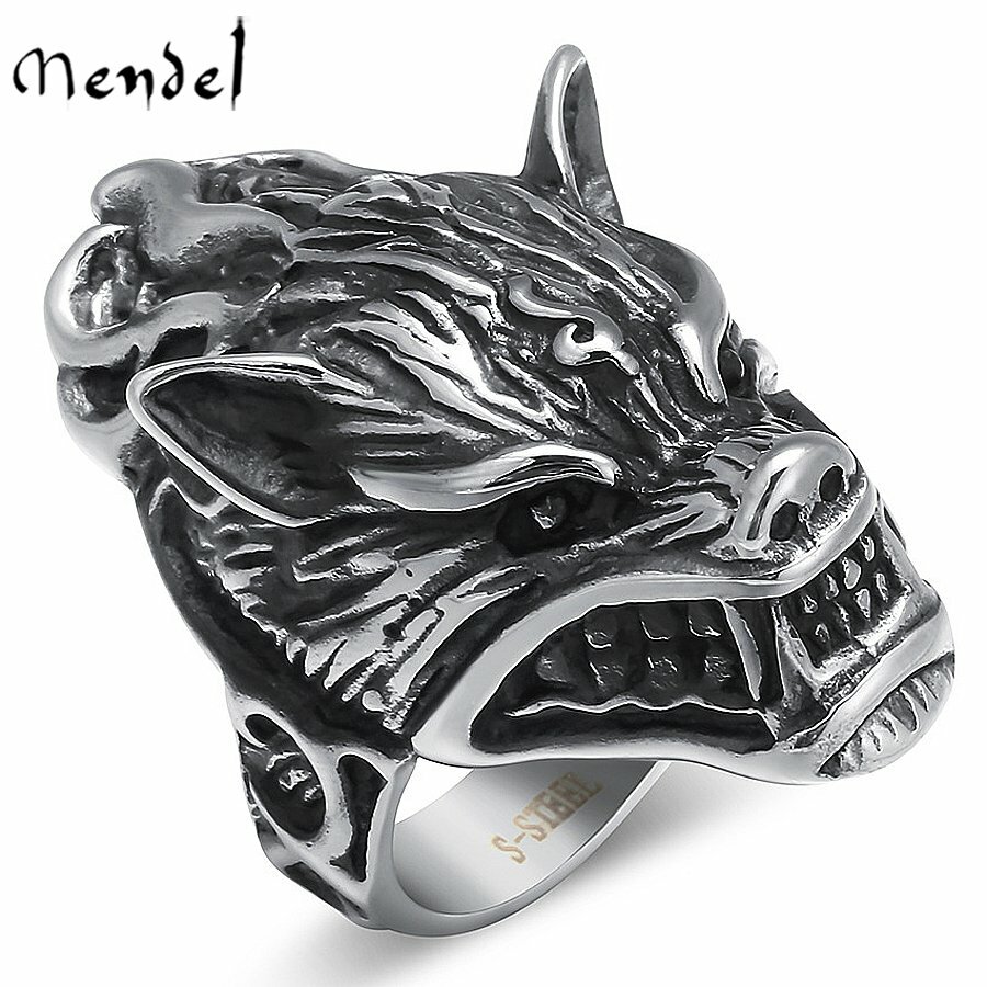 MENDEL Mens Stainless Steel Viking Biker Punk Celtic Wolf Head Ring Size 7-15
