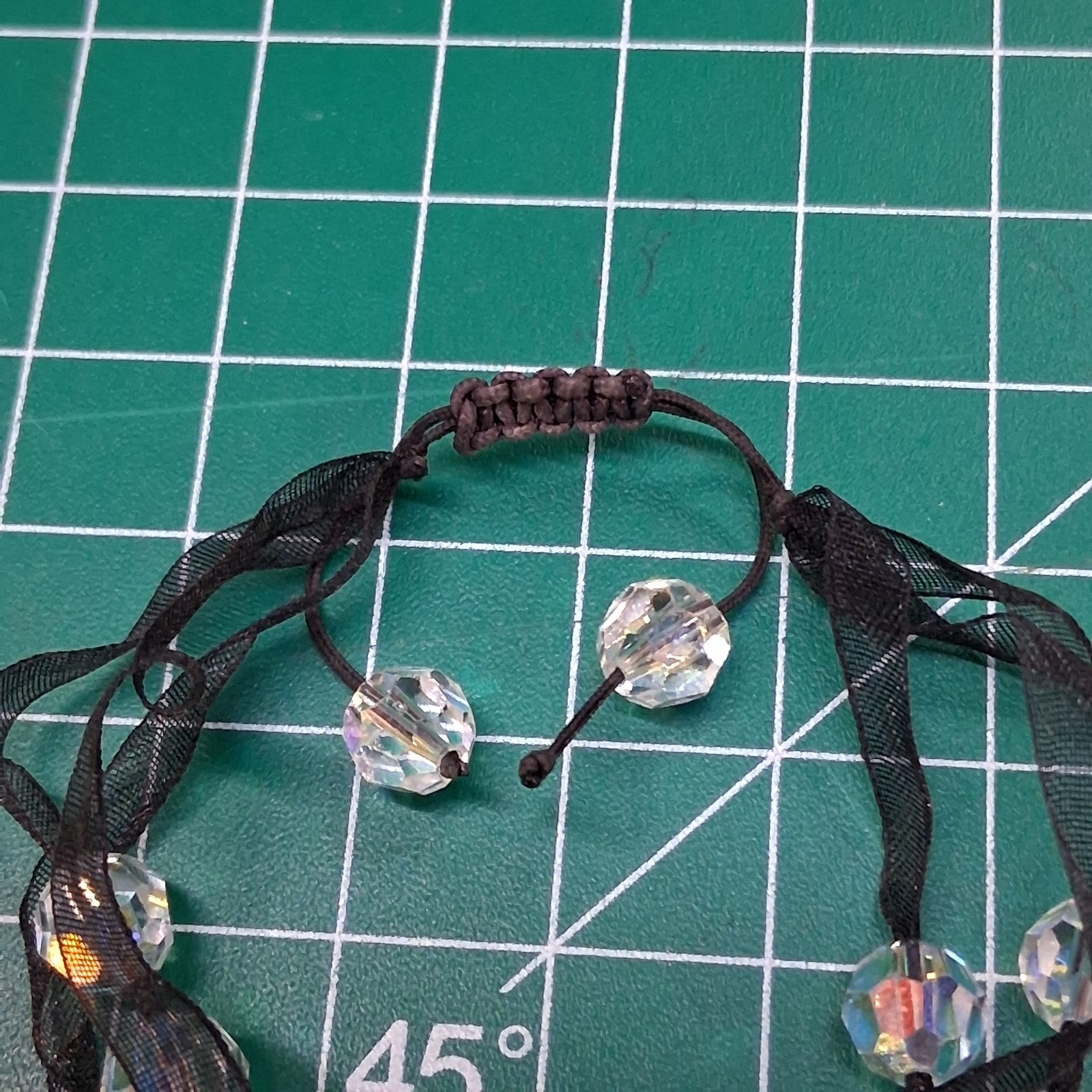 Vintage 3-Tier Clear Faceted AB Rhinestone Bead Black Sheer Ribbon Bracelet