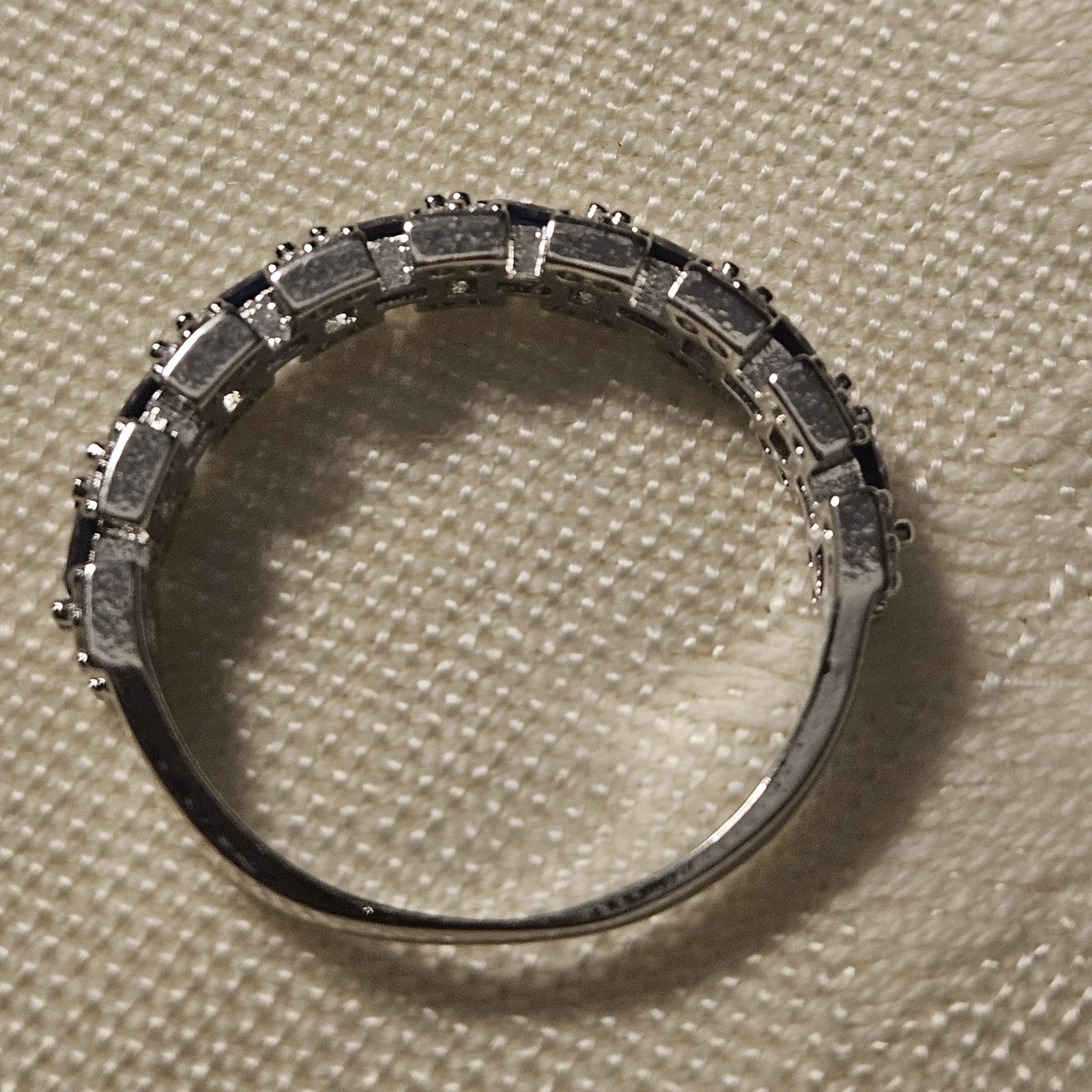Silver Tone Ring with Blue and White Synthetic Zircon Stones, Size 8